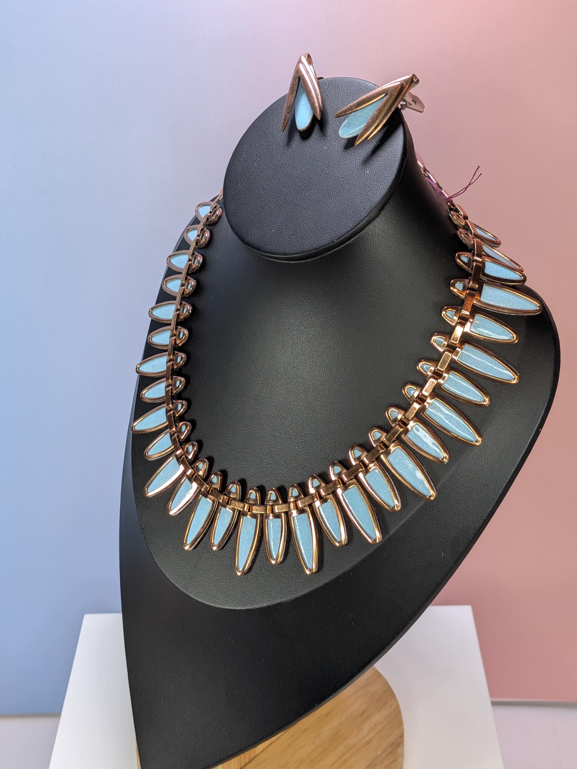 Vintage Matisse Renoir Turquoise Enamel Copper Nefertiti Jewelry - RARE Complete Set view 8