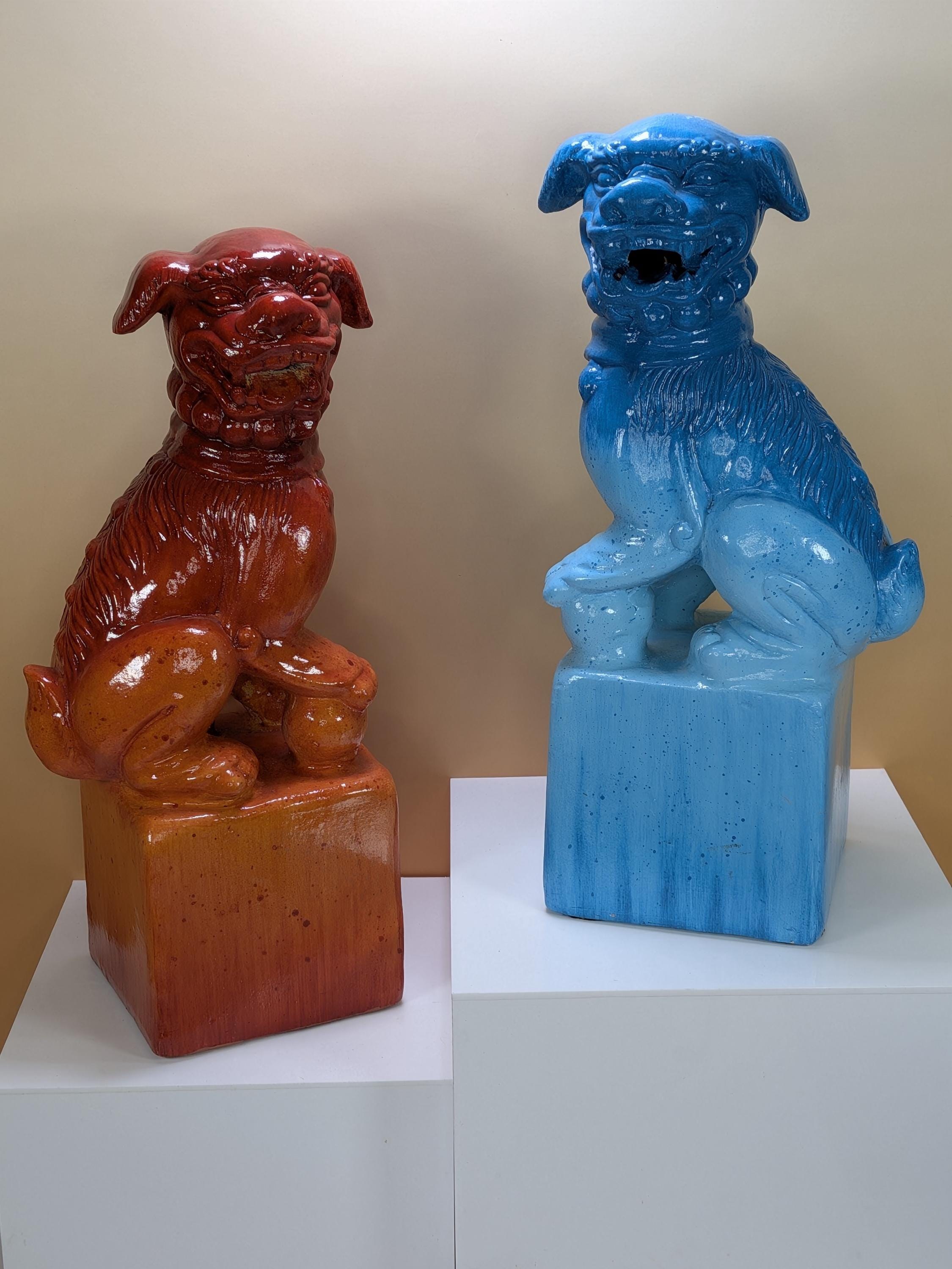 Vintage Pier 1 Ceramic Foo Dogs Pair Blue Orange Ombre Guardian Lions Chinoiserie Bookends Heavy Asian Foo Dog Statues Set of 2 with Sticker