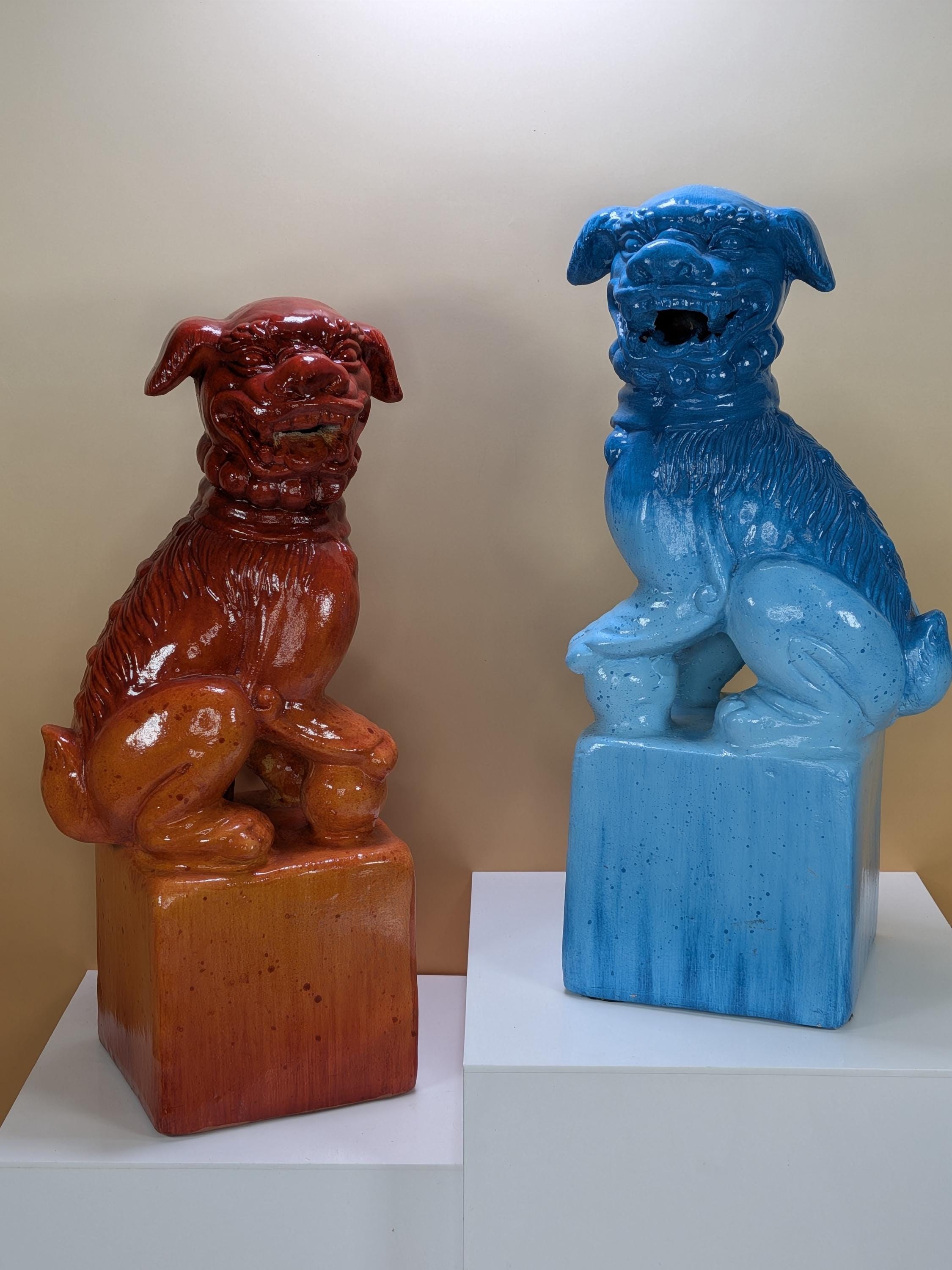 Vintage Pier 1 Ceramic Foo Dogs Pair Blue Orange Ombre Guardian Lions Chinoiserie Bookends Heavy Asian Foo Dog Statues Set of 2 with Sticker view 2