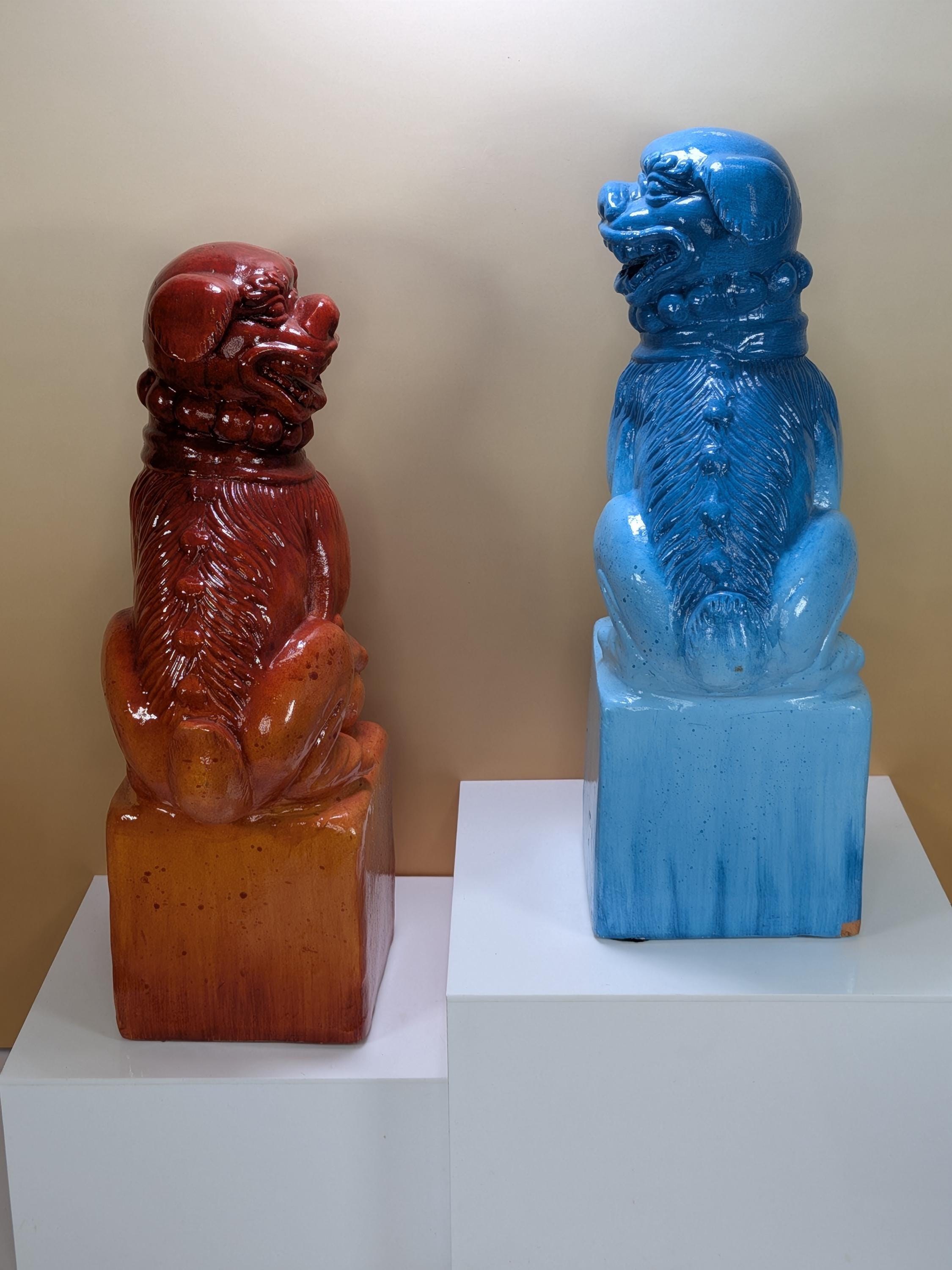 Vintage Pier 1 Ceramic Foo Dogs Pair Blue Orange Ombre Guardian Lions Chinoiserie Bookends Heavy Asian Foo Dog Statues Set of 2 with Sticker view 3