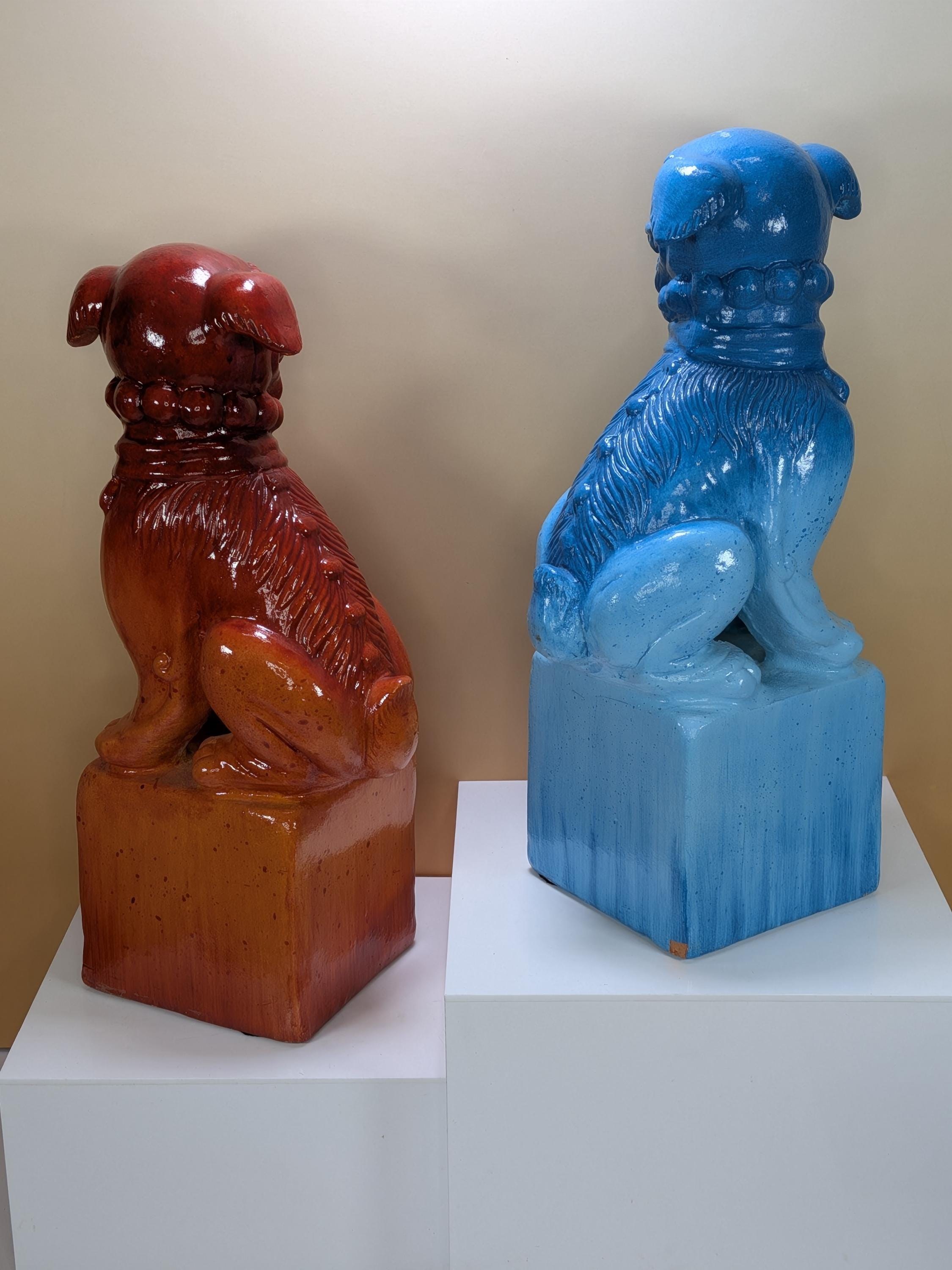 Vintage Pier 1 Ceramic Foo Dogs Pair Blue Orange Ombre Guardian Lions Chinoiserie Bookends Heavy Asian Foo Dog Statues Set of 2 with Sticker view 4