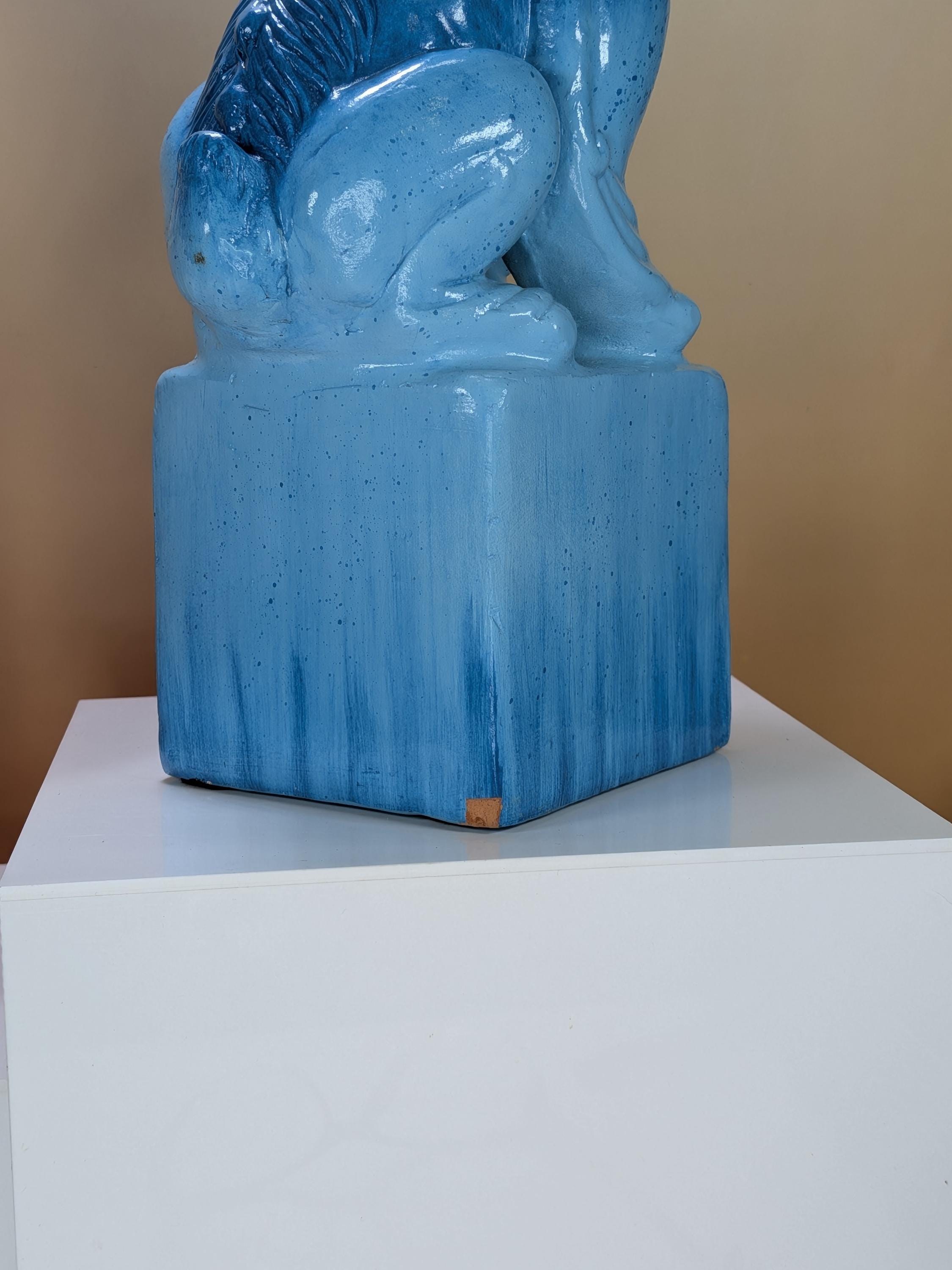 Vintage Pier 1 Ceramic Foo Dogs Pair Blue Orange Ombre Guardian Lions Chinoiserie Bookends Heavy Asian Foo Dog Statues Set of 2 with Sticker view 8