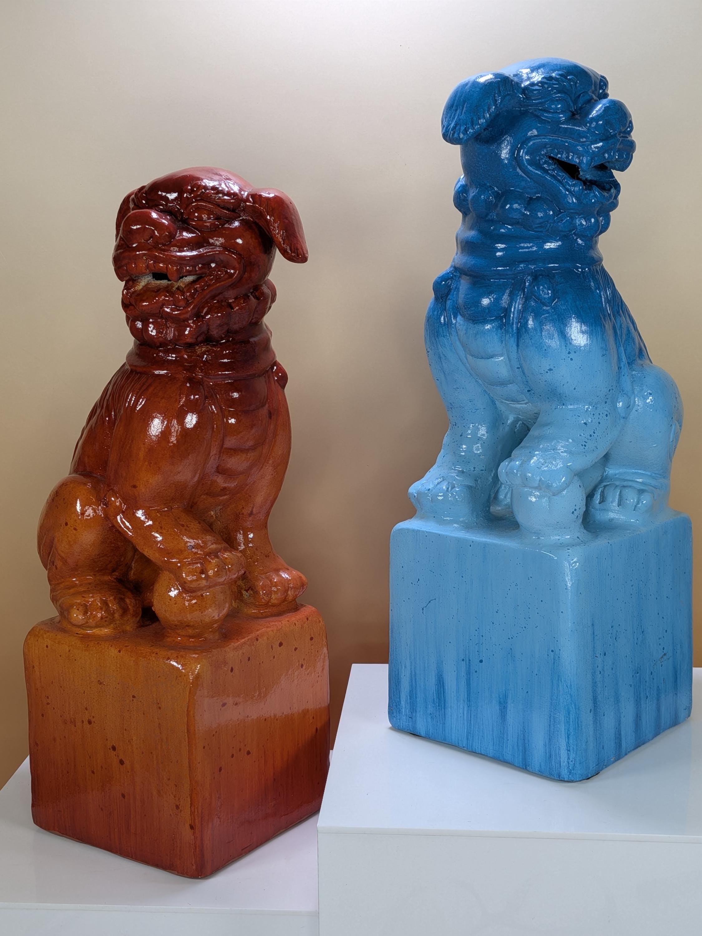 Vintage Pier 1 Ceramic Foo Dogs Pair Blue Orange Ombre Guardian Lions Chinoiserie Bookends Heavy Asian Foo Dog Statues Set of 2 with Sticker view 9