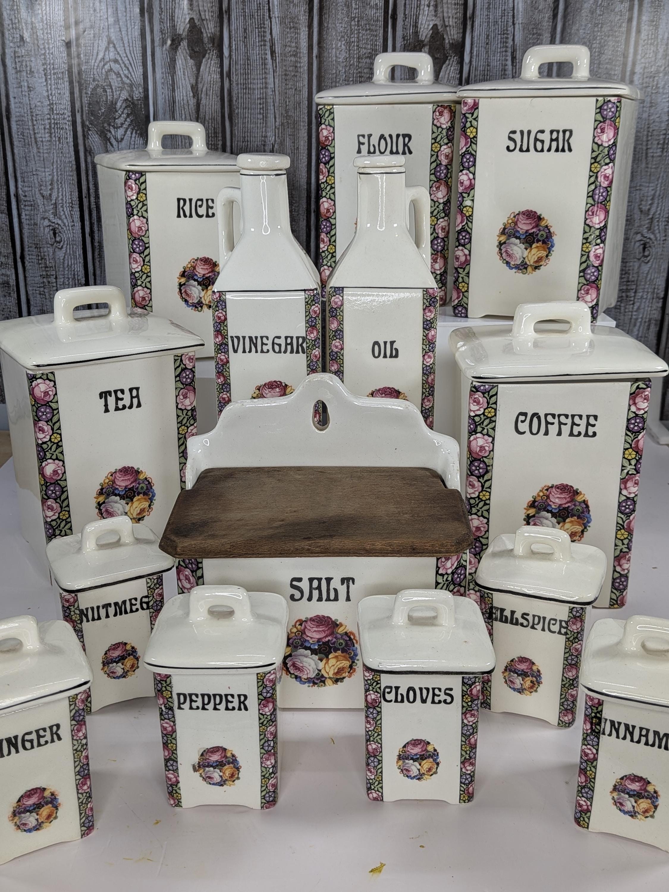 Antique Porcelain Kitchen Canister Set Vintage Czech Art Nouveau 15pc Large Ceramic Spice Jars White Floral Rose Rare Complete Collection