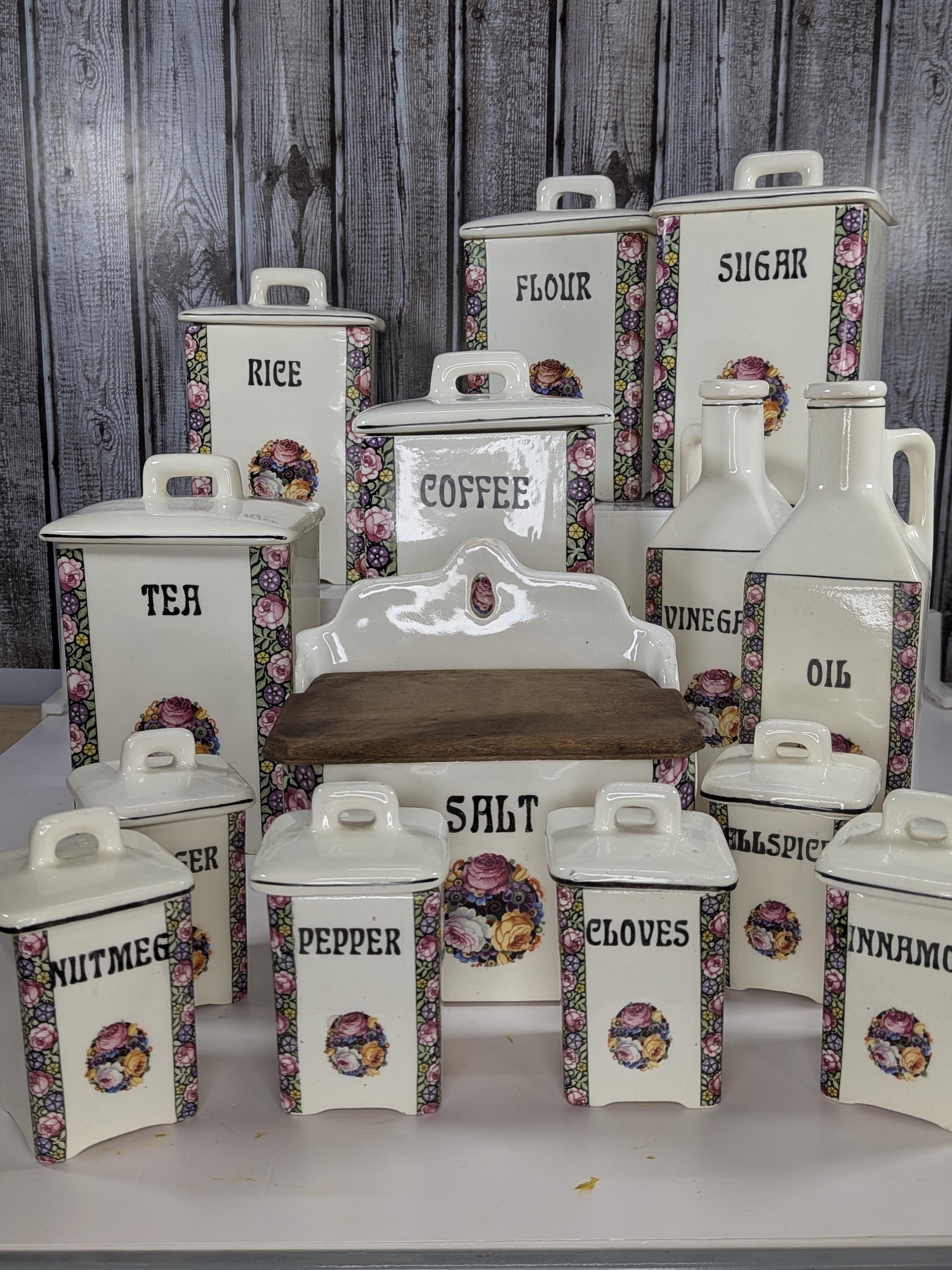 Antique Porcelain Kitchen Canister Set Vintage Czech Art Nouveau 15pc Large Ceramic Spice Jars White Floral Rose Rare Complete Collection view 2