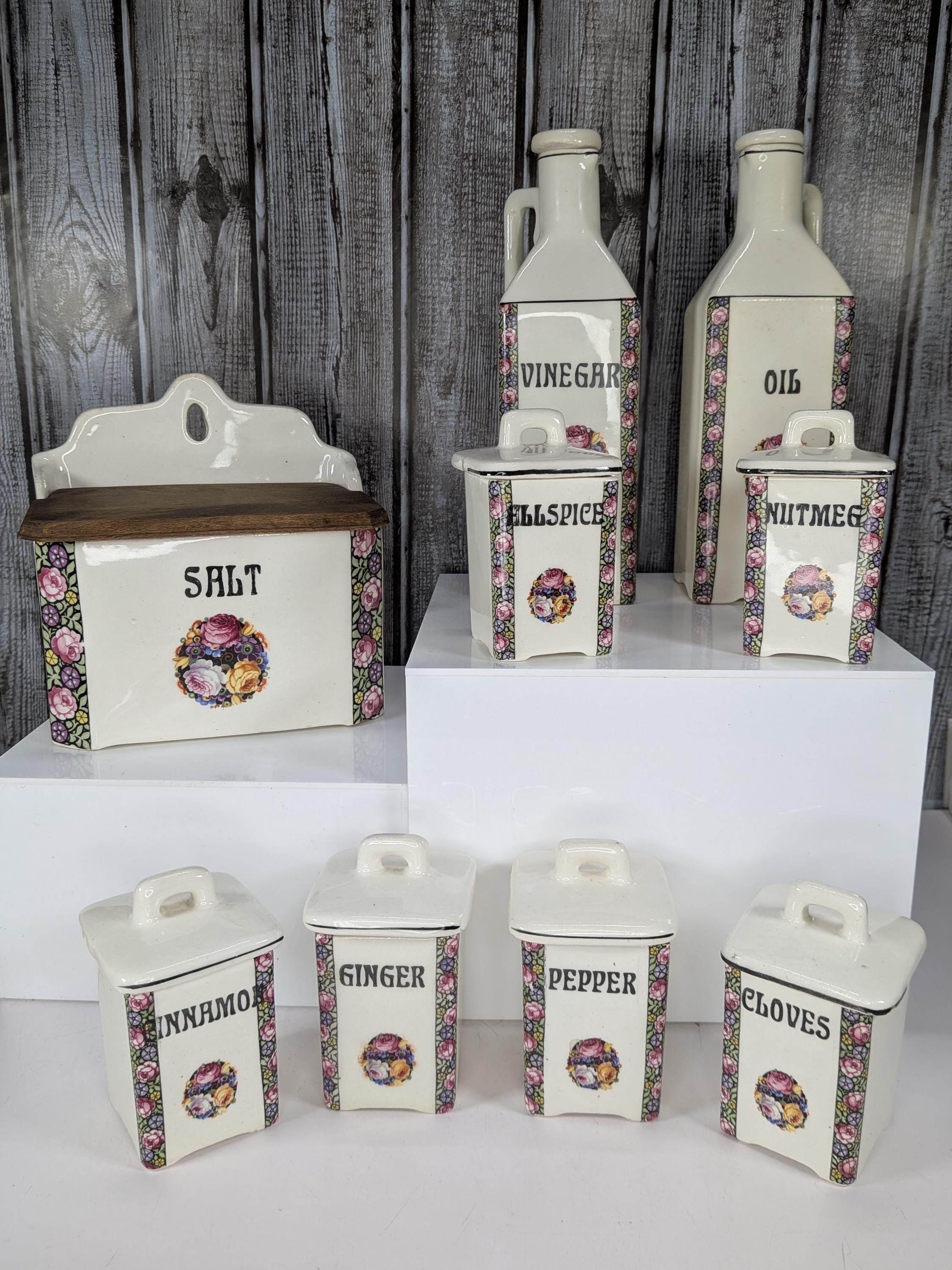 Antique Porcelain Kitchen Canister Set Vintage Czech Art Nouveau 15pc Large Ceramic Spice Jars White Floral Rose Rare Complete Collection view 11