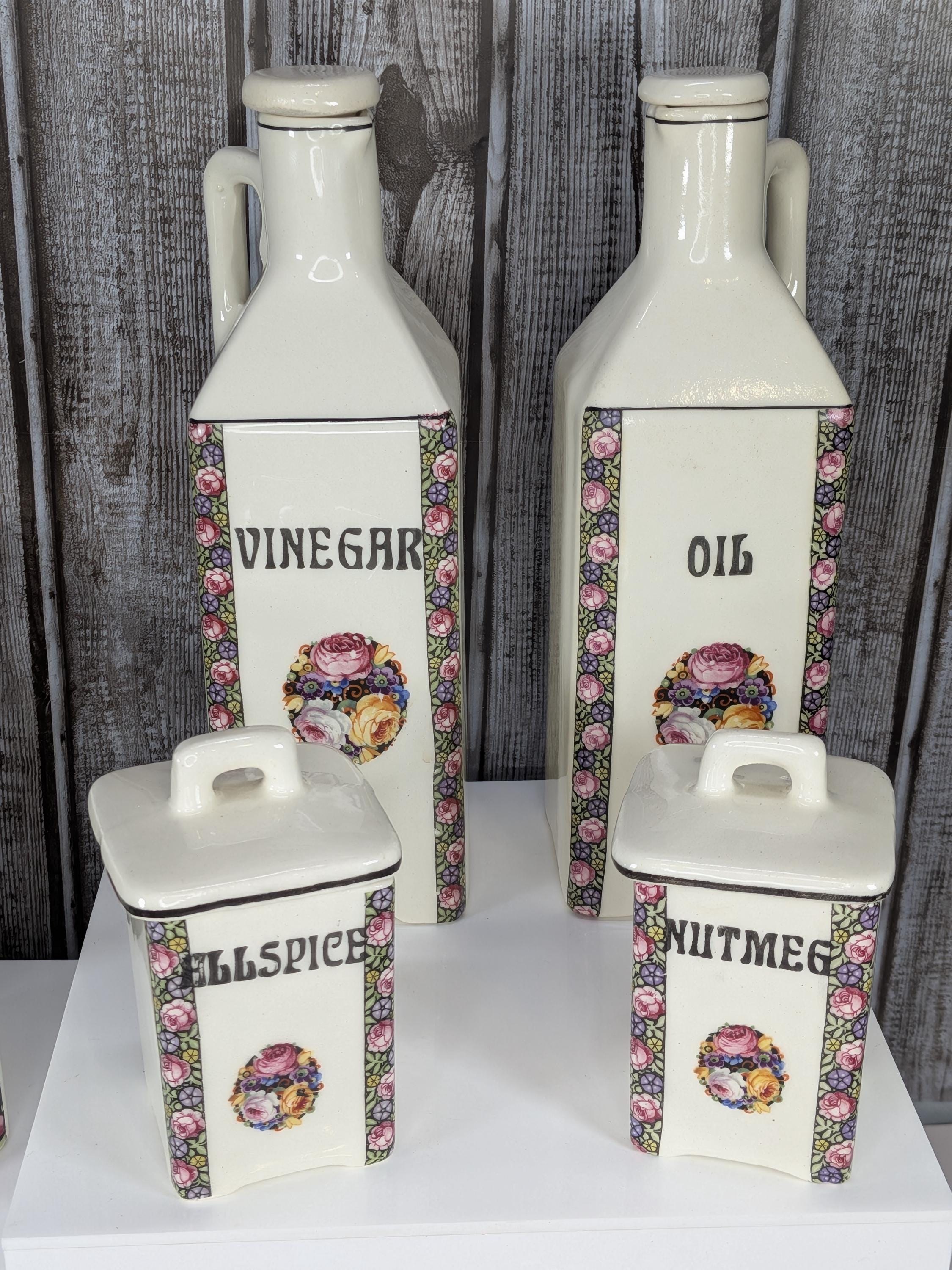Antique Porcelain Kitchen Canister Set Vintage Czech Art Nouveau 15pc Large Ceramic Spice Jars White Floral Rose Rare Complete Collection view 12