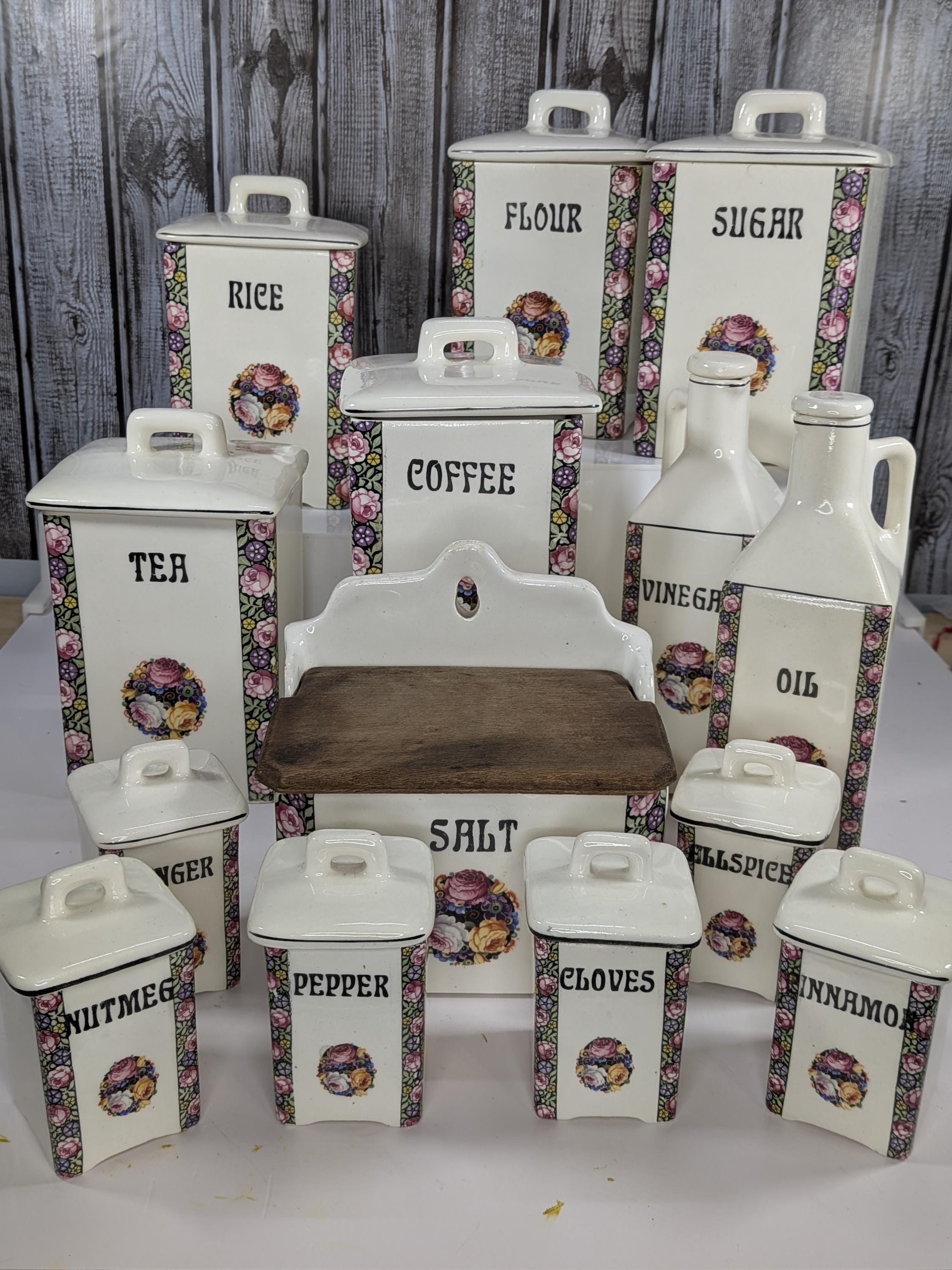 Antique Porcelain Kitchen Canister Set Vintage Czech Art Nouveau 15pc Large Ceramic Spice Jars White Floral Rose Rare Complete Collection view 3