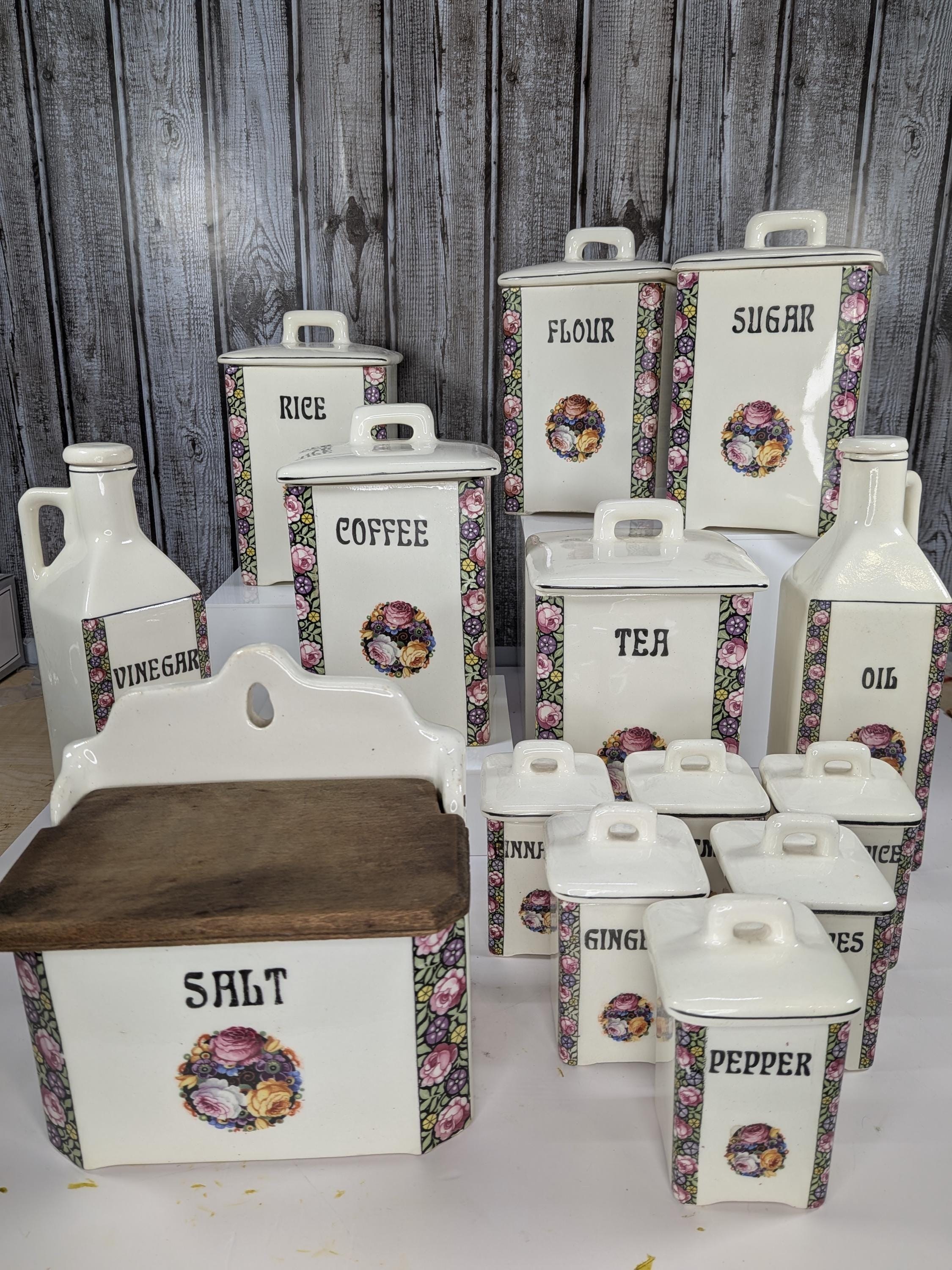 Antique Porcelain Kitchen Canister Set Vintage Czech Art Nouveau 15pc Large Ceramic Spice Jars White Floral Rose Rare Complete Collection view 4