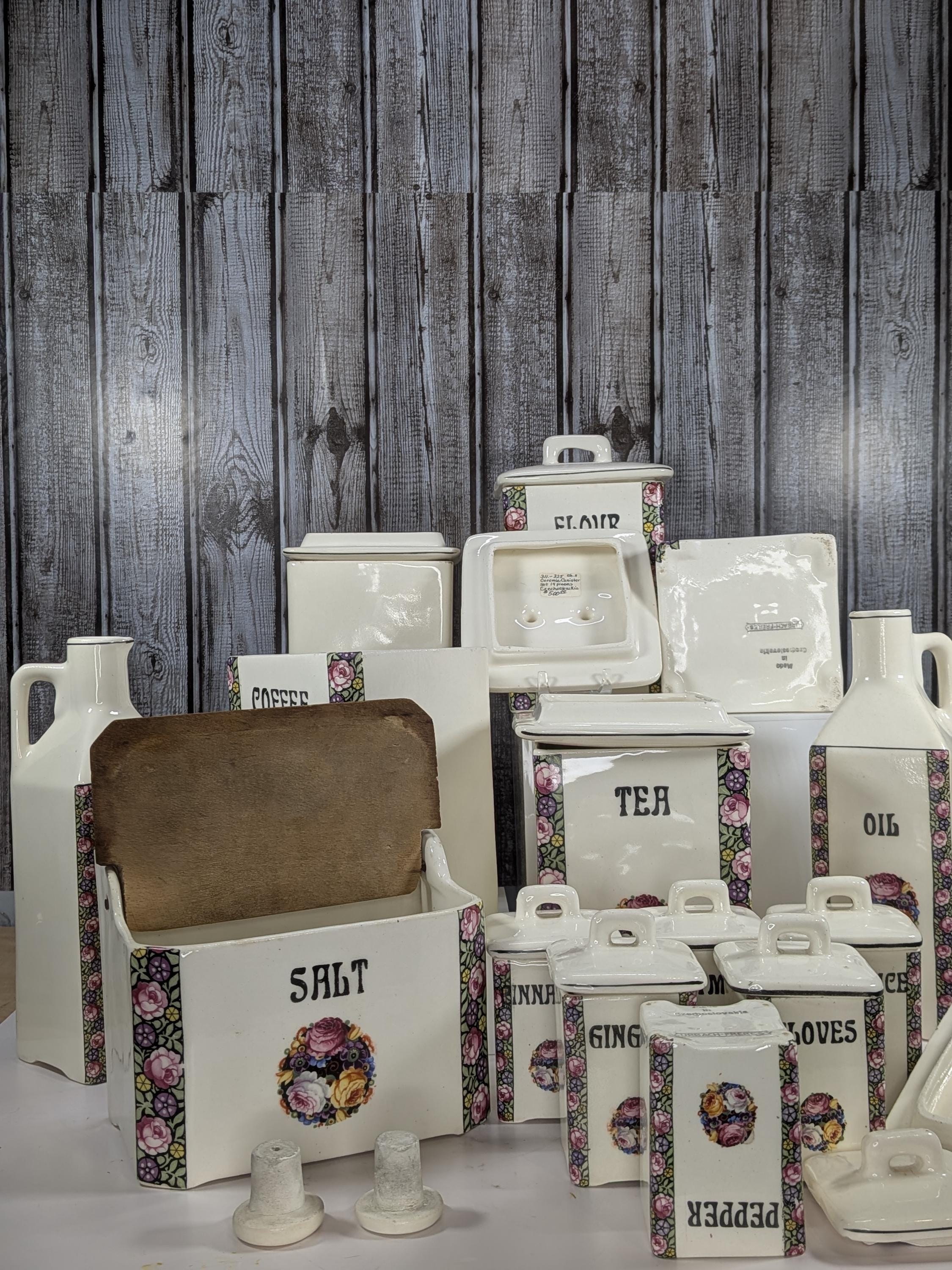 Antique Porcelain Kitchen Canister Set Vintage Czech Art Nouveau 15pc Large Ceramic Spice Jars White Floral Rose Rare Complete Collection view 5