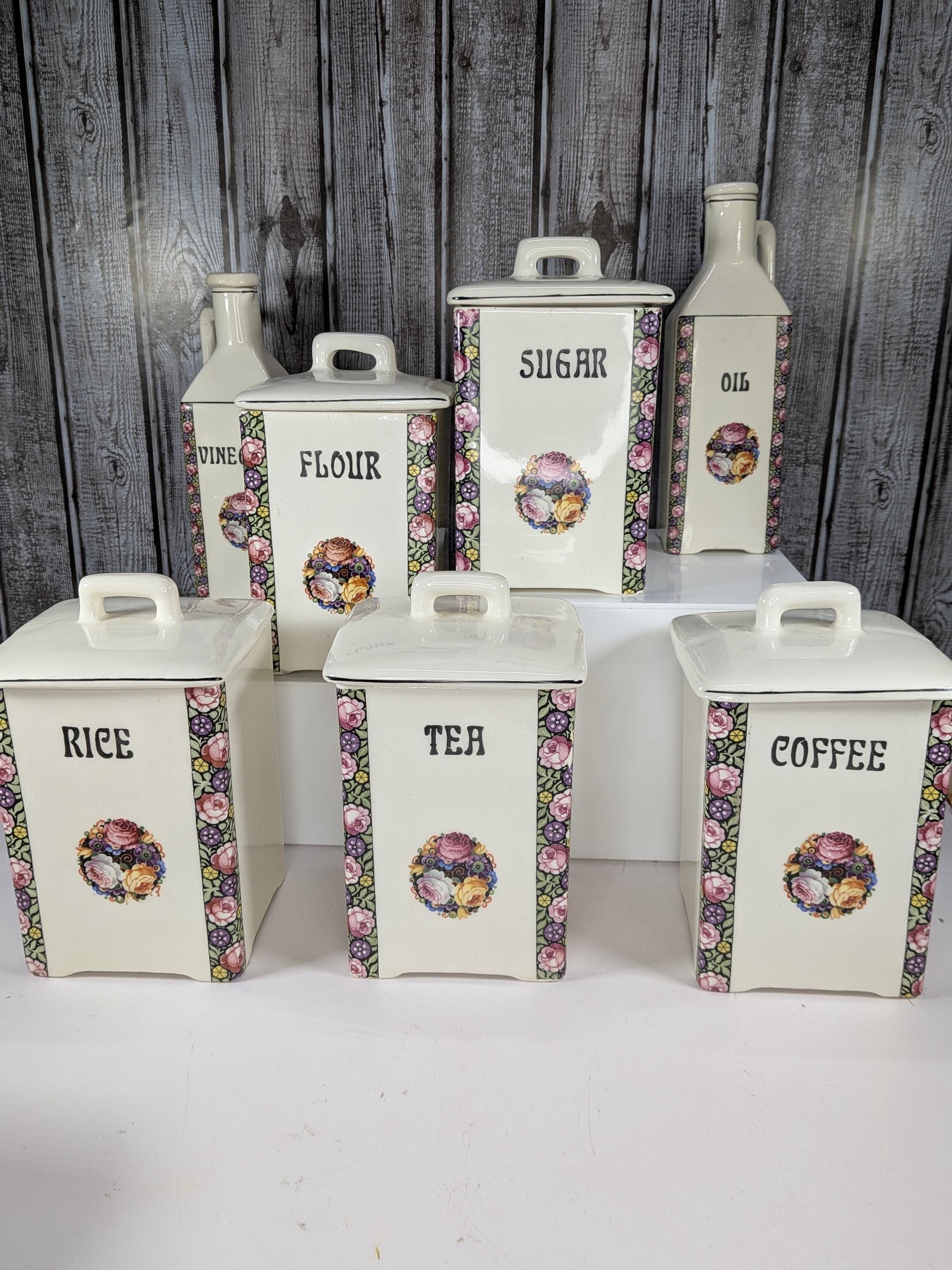 Antique Porcelain Kitchen Canister Set Vintage Czech Art Nouveau 15pc Large Ceramic Spice Jars White Floral Rose Rare Complete Collection view 10
