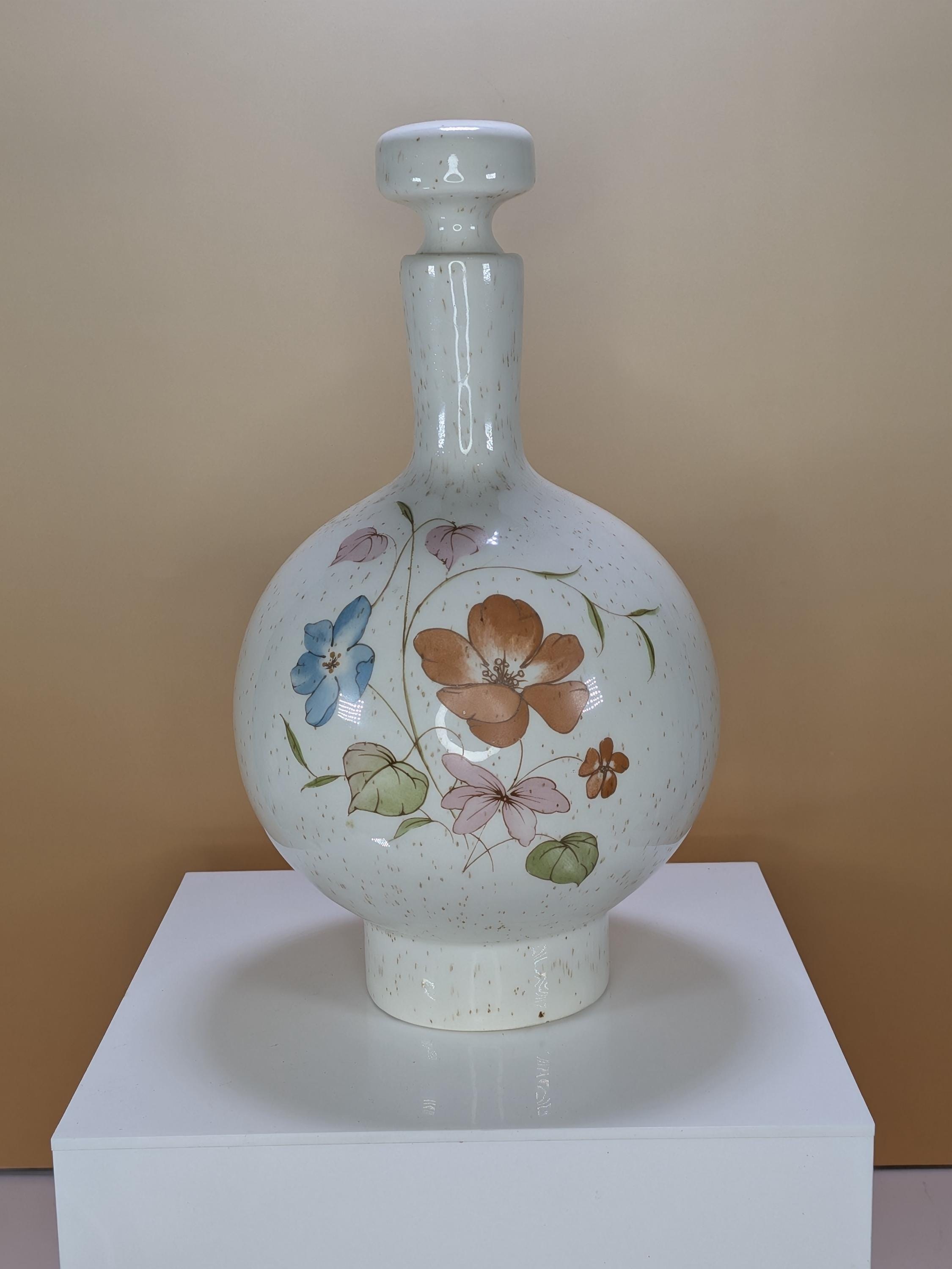 RARE! Vintage 1970s Treasure Craft Wildflower Ceramic Globe Decanter With Mushroom Stopper Mid Century Modern California Pottery Barware