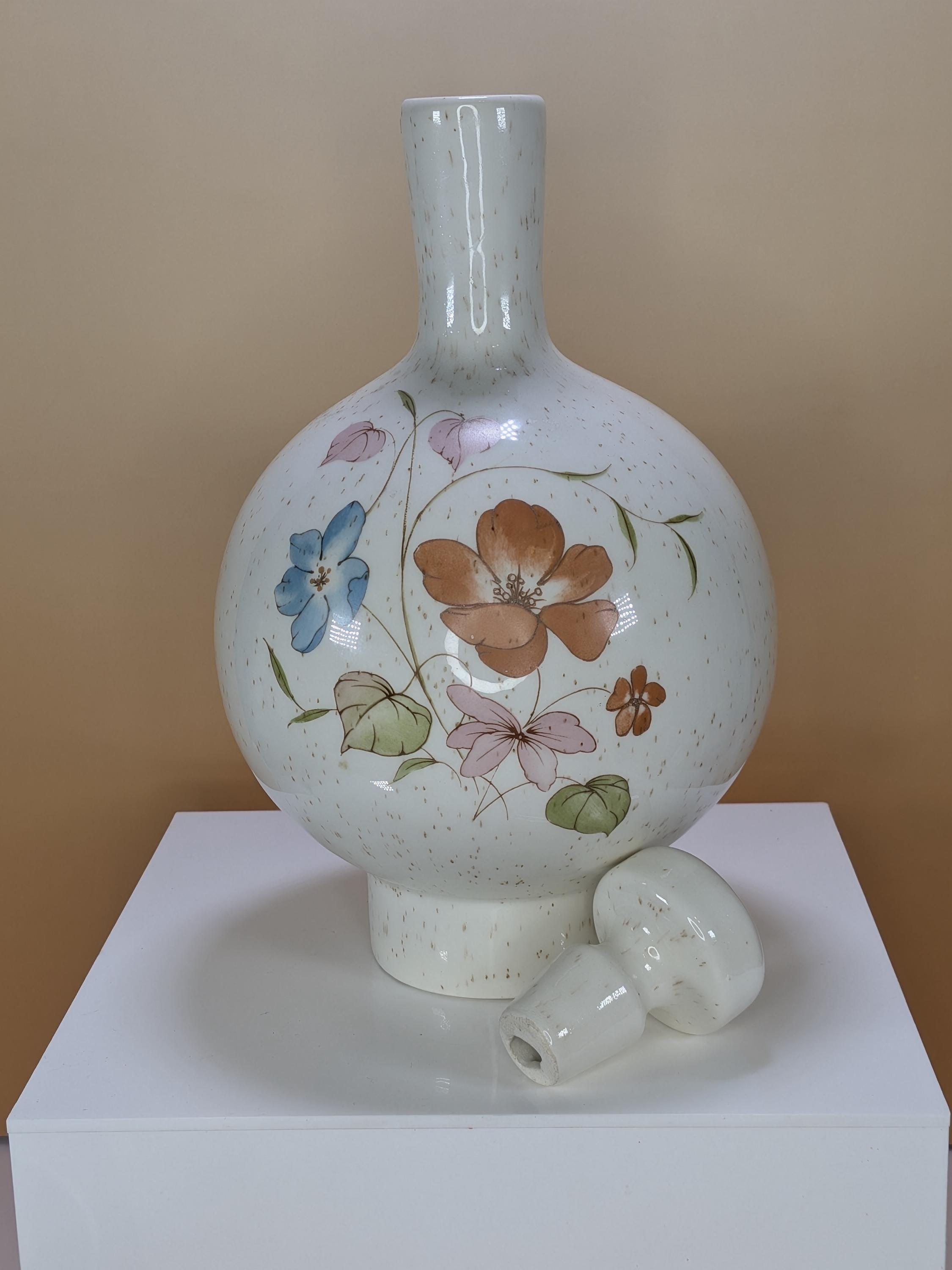 RARE! Vintage 1970s Treasure Craft Wildflower Ceramic Globe Decanter With Mushroom Stopper Mid Century Modern California Pottery Barware view 3