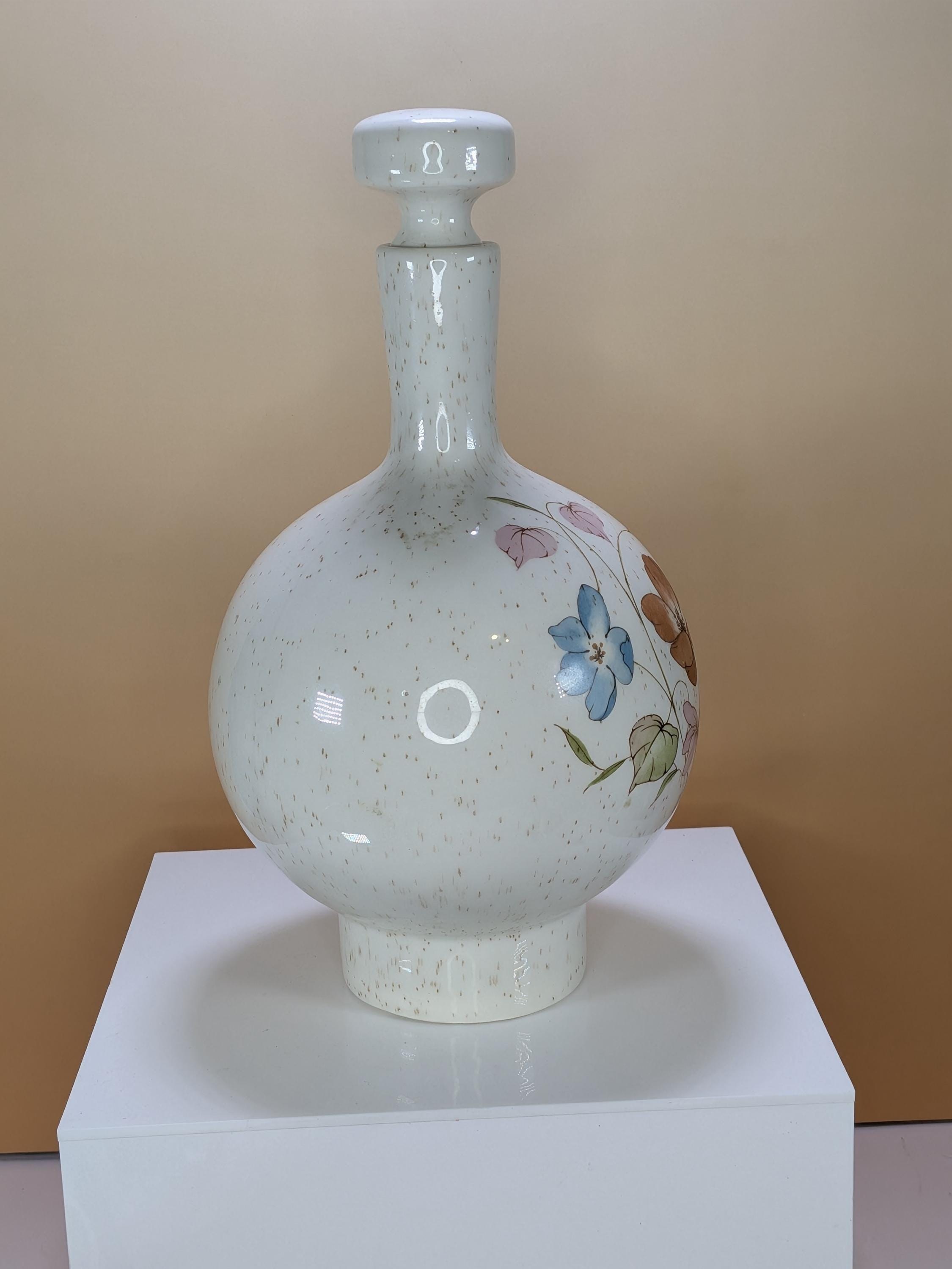 RARE! Vintage 1970s Treasure Craft Wildflower Ceramic Globe Decanter With Mushroom Stopper Mid Century Modern California Pottery Barware view 4
