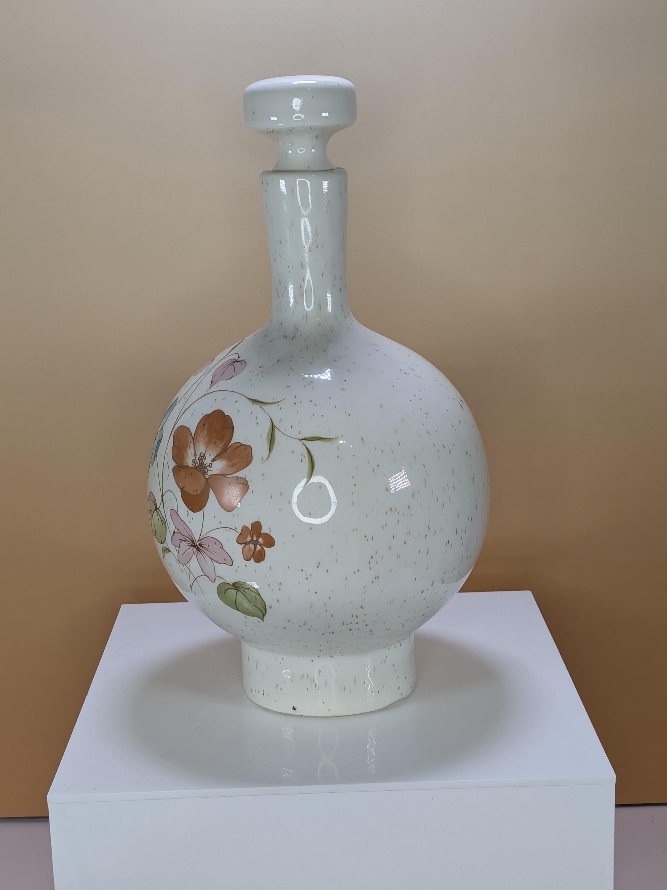 RARE! Vintage 1970s Treasure Craft Wildflower Ceramic Globe Decanter With Mushroom Stopper Mid Century Modern California Pottery Barware view 6