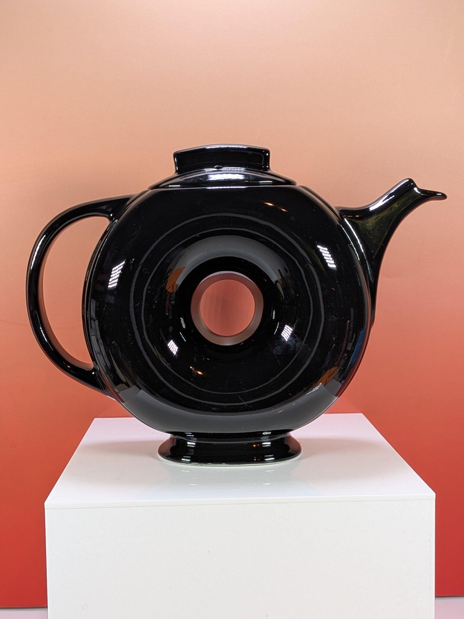 Vintage Hall Donut Teapot Glossy Black with Lid, 1930s Art Deco Ring Teapot