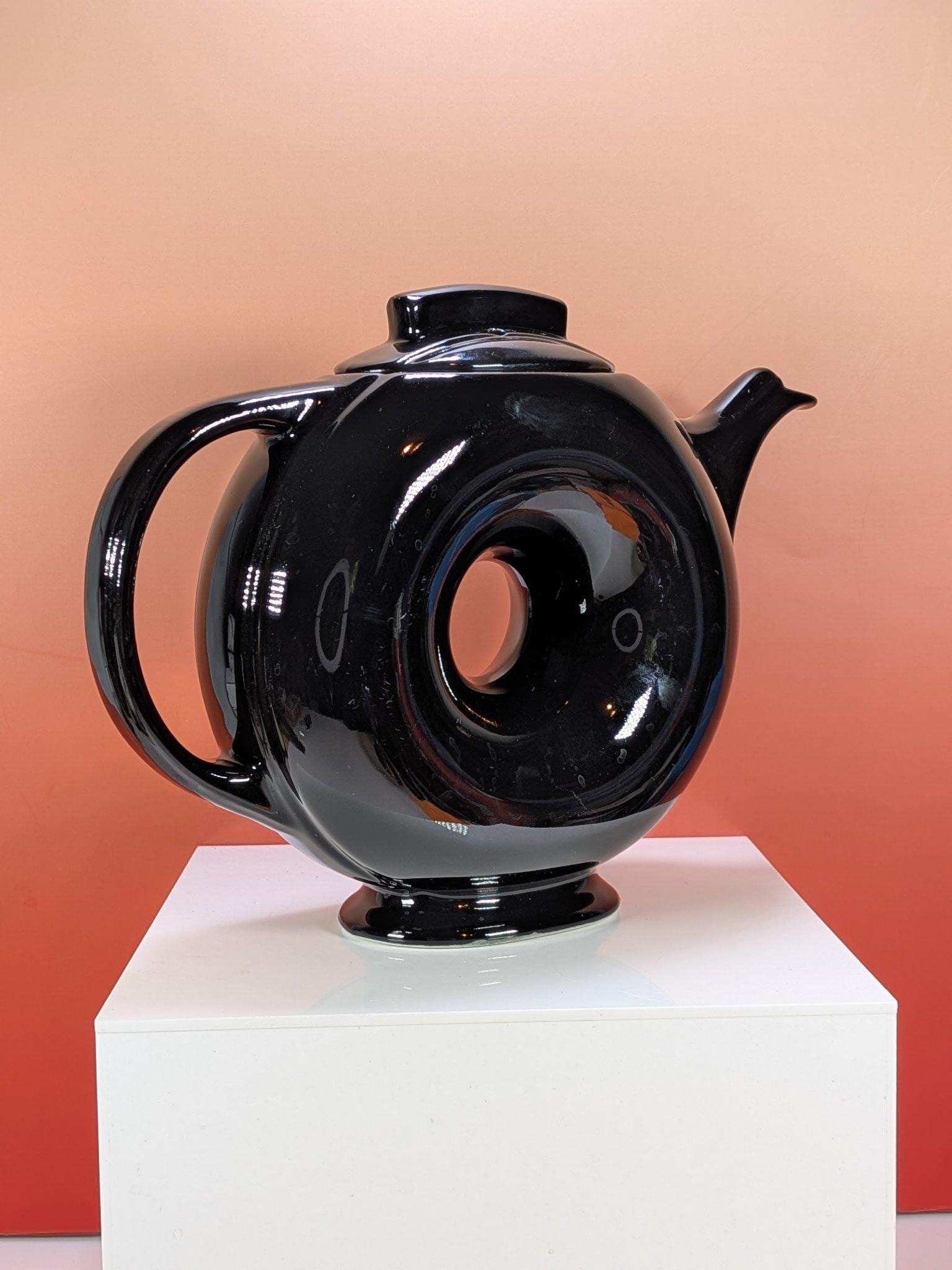 Vintage Hall Donut Teapot Glossy Black with Lid, 1930s Art Deco Ring Teapot view 2