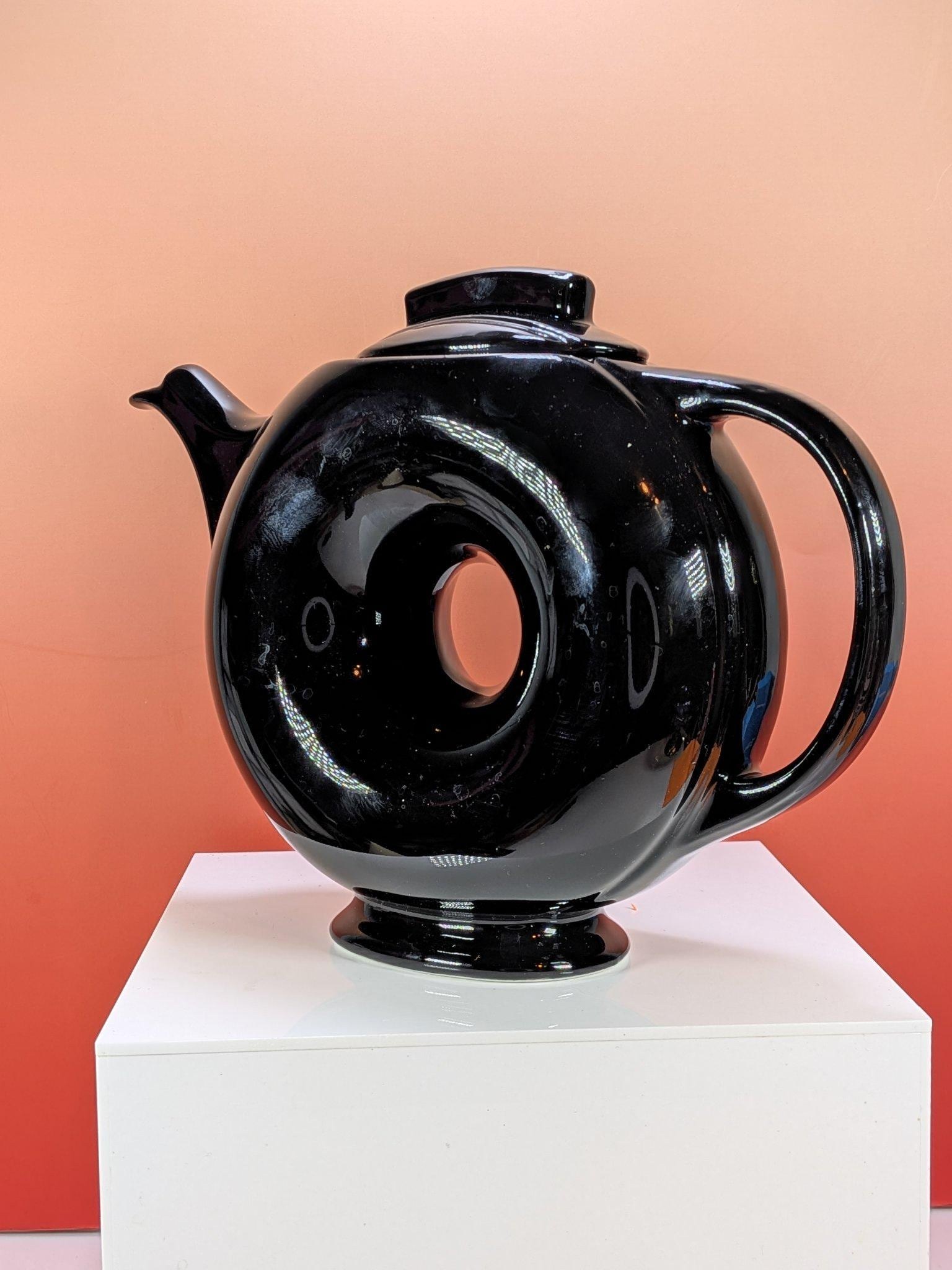 Vintage Hall Donut Teapot Glossy Black with Lid, 1930s Art Deco Ring Teapot view 4