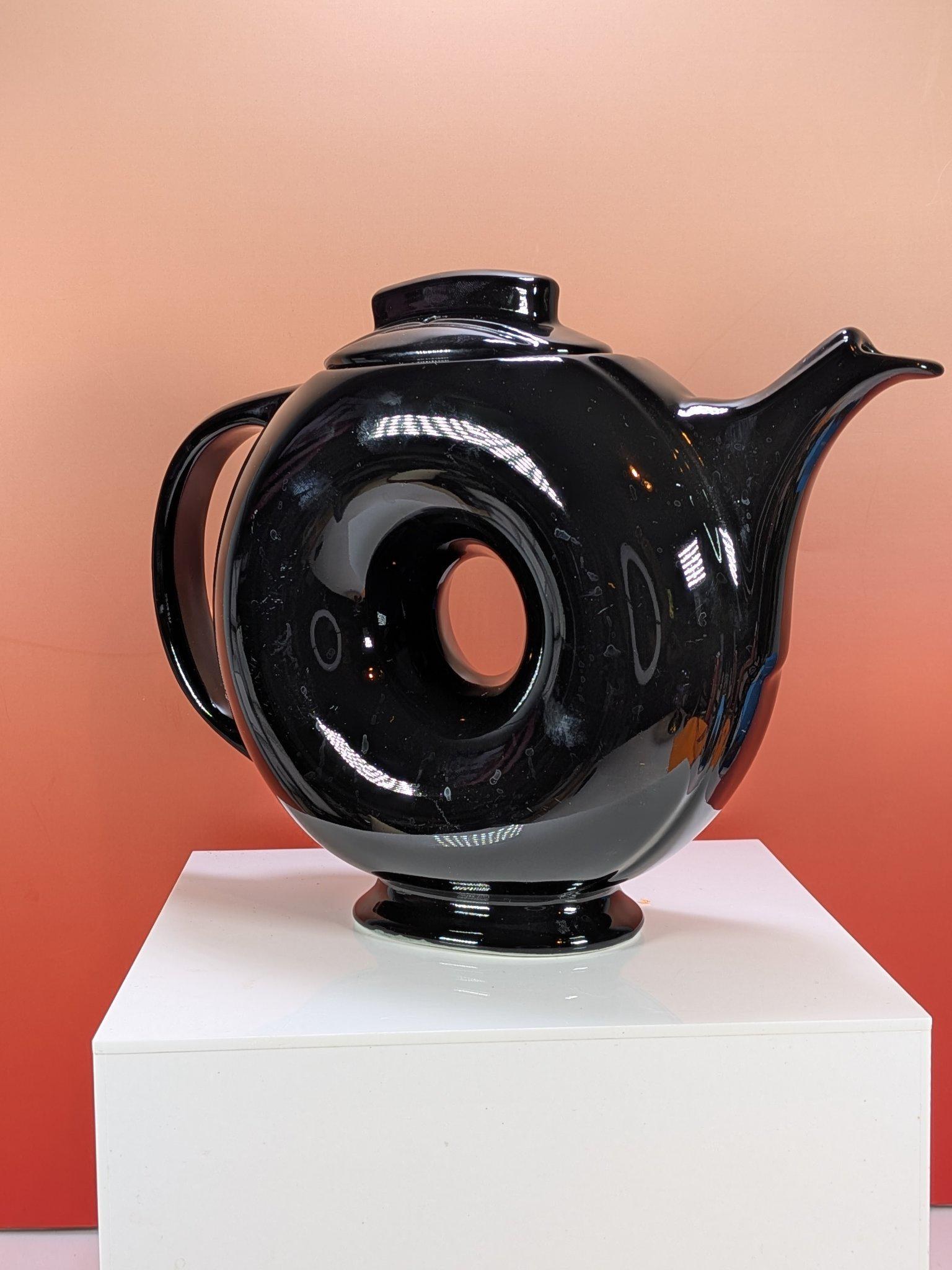 Vintage Hall Donut Teapot Glossy Black with Lid, 1930s Art Deco Ring Teapot view 5
