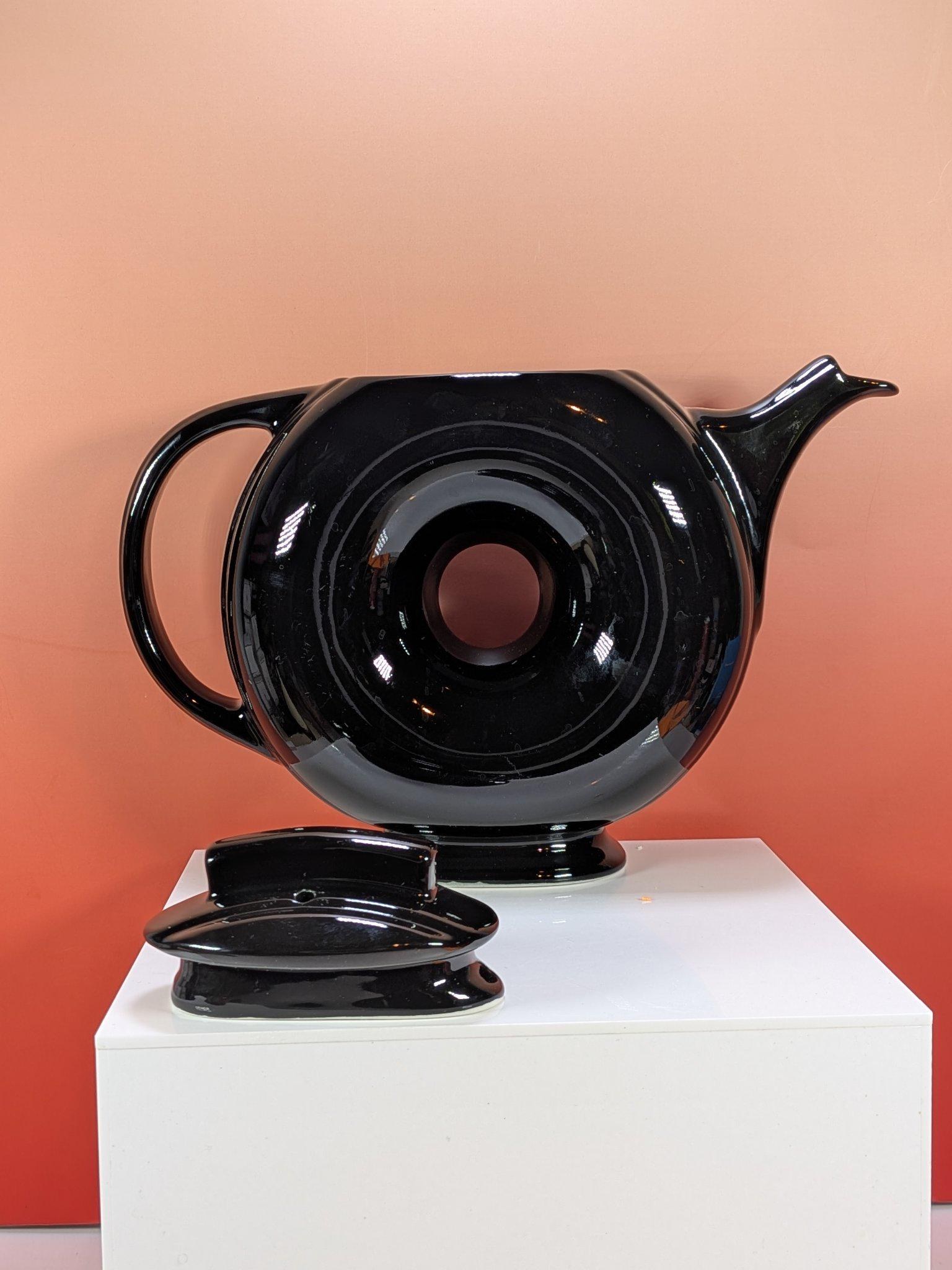 Vintage Hall Donut Teapot Glossy Black with Lid, 1930s Art Deco Ring Teapot view 6