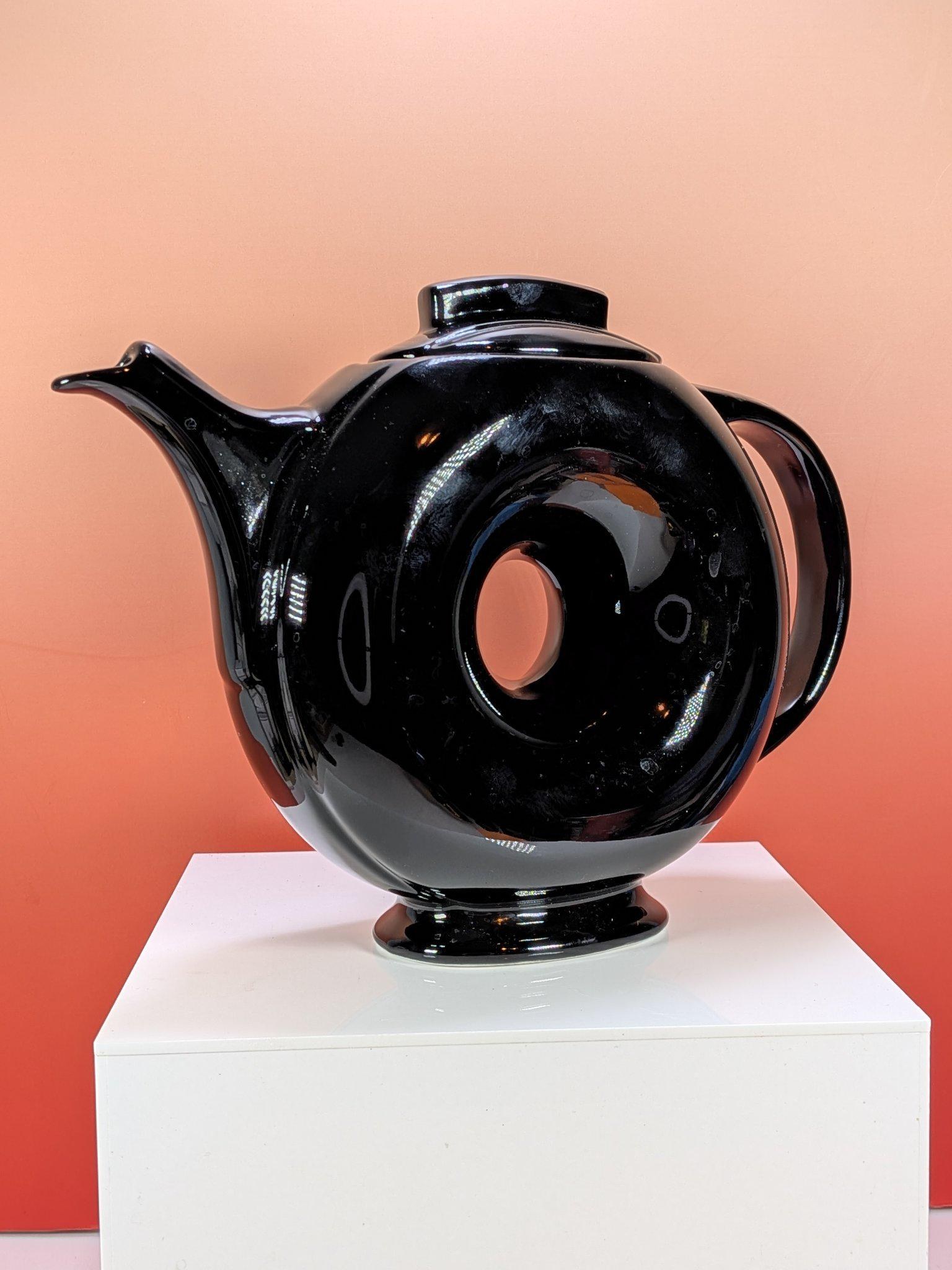 Vintage Hall Donut Teapot Glossy Black with Lid, 1930s Art Deco Ring Teapot view 7