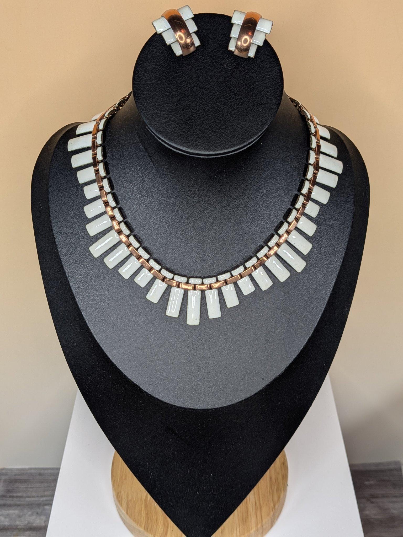 Vintage Matisse White Enamel Fringe Necklace and Clip Earring Set set, Copper, 1950s, 15" Choker Length - Excellent Condition