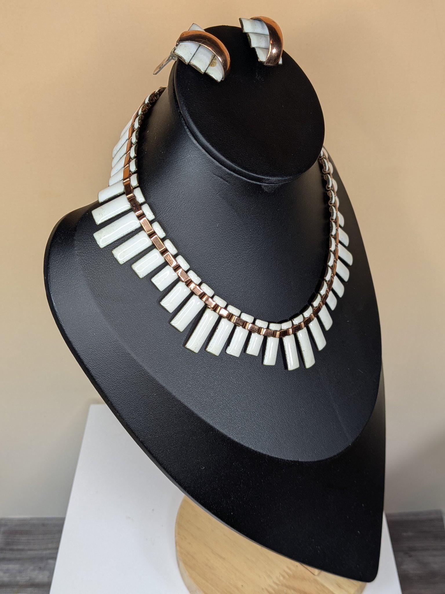 Vintage Matisse White Enamel Fringe Necklace and Clip Earring Set set, Copper, 1950s, 15" Choker Length - Excellent Condition view 2