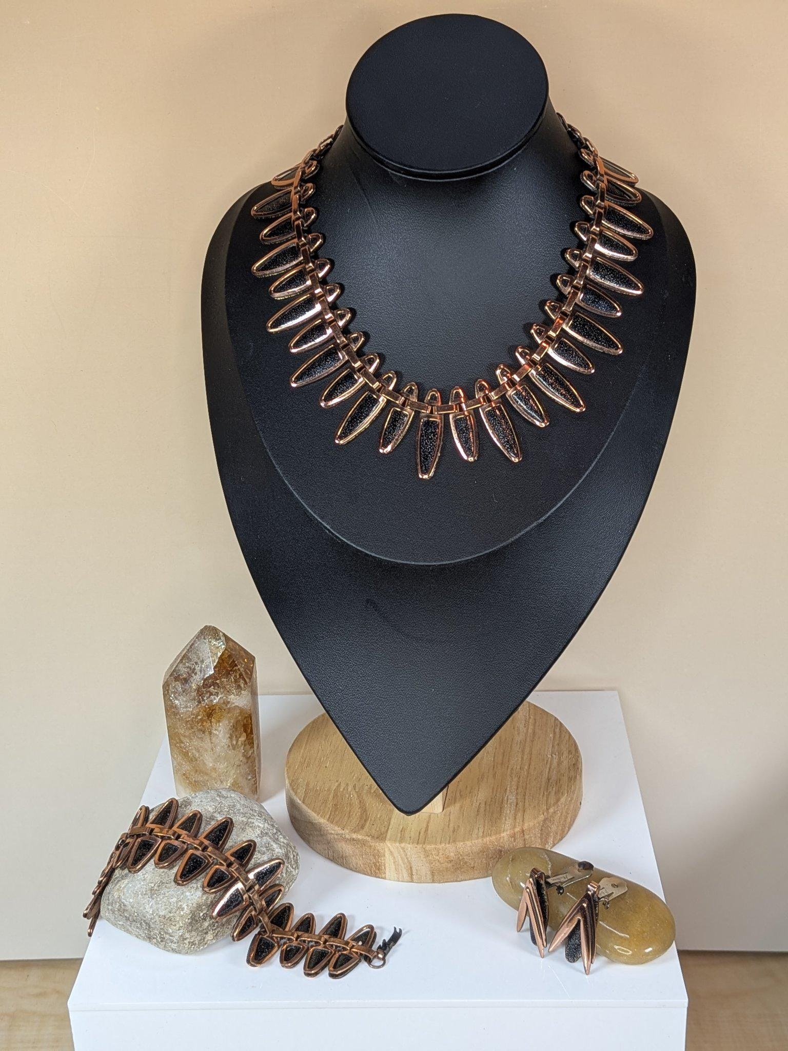 Vintage Matisse black speckle enamel fringe necklace, bracelet and earrings, copper, 1950s