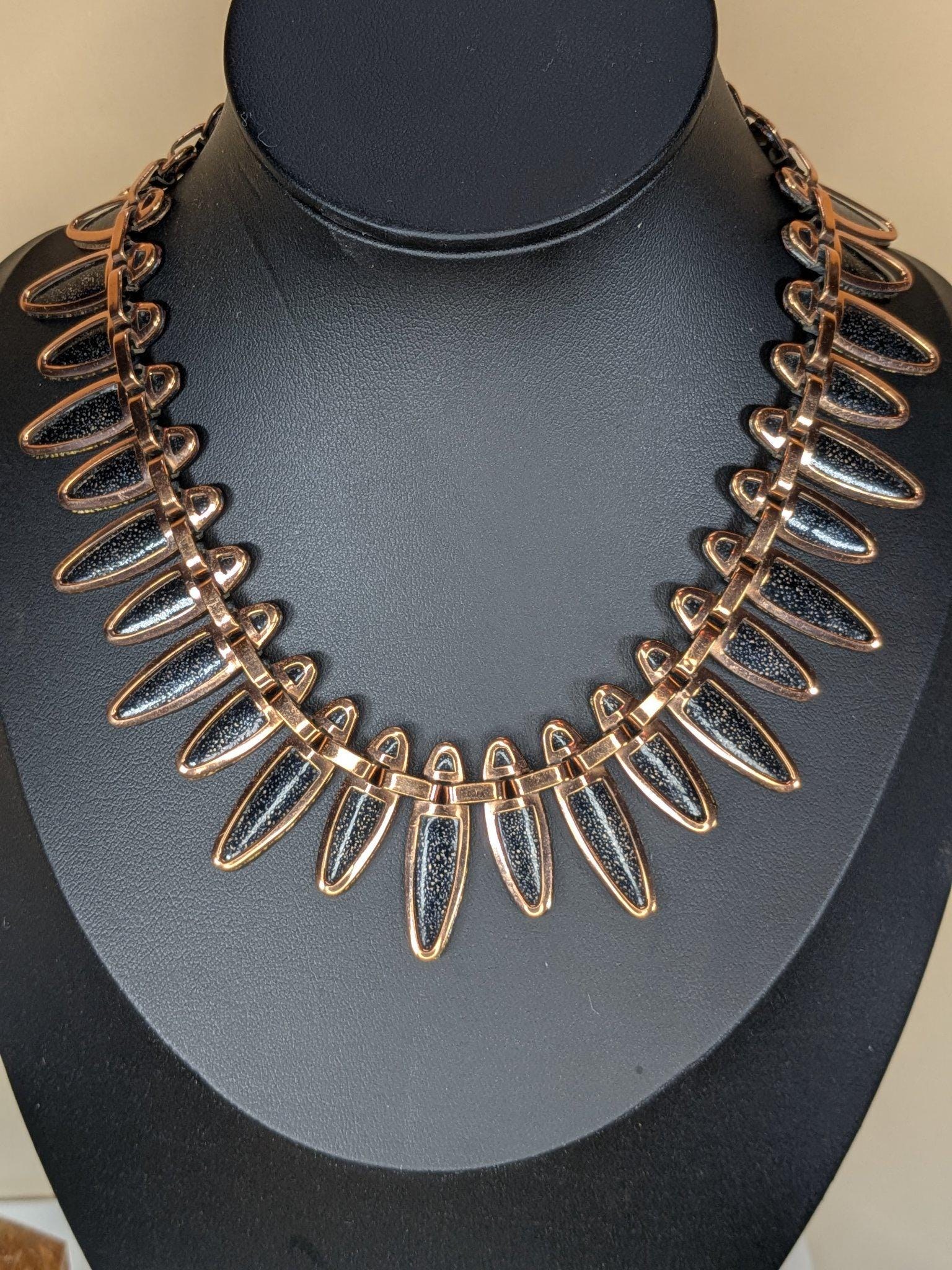 Vintage Matisse black speckle enamel fringe necklace, bracelet and earrings, copper, 1950s view 2