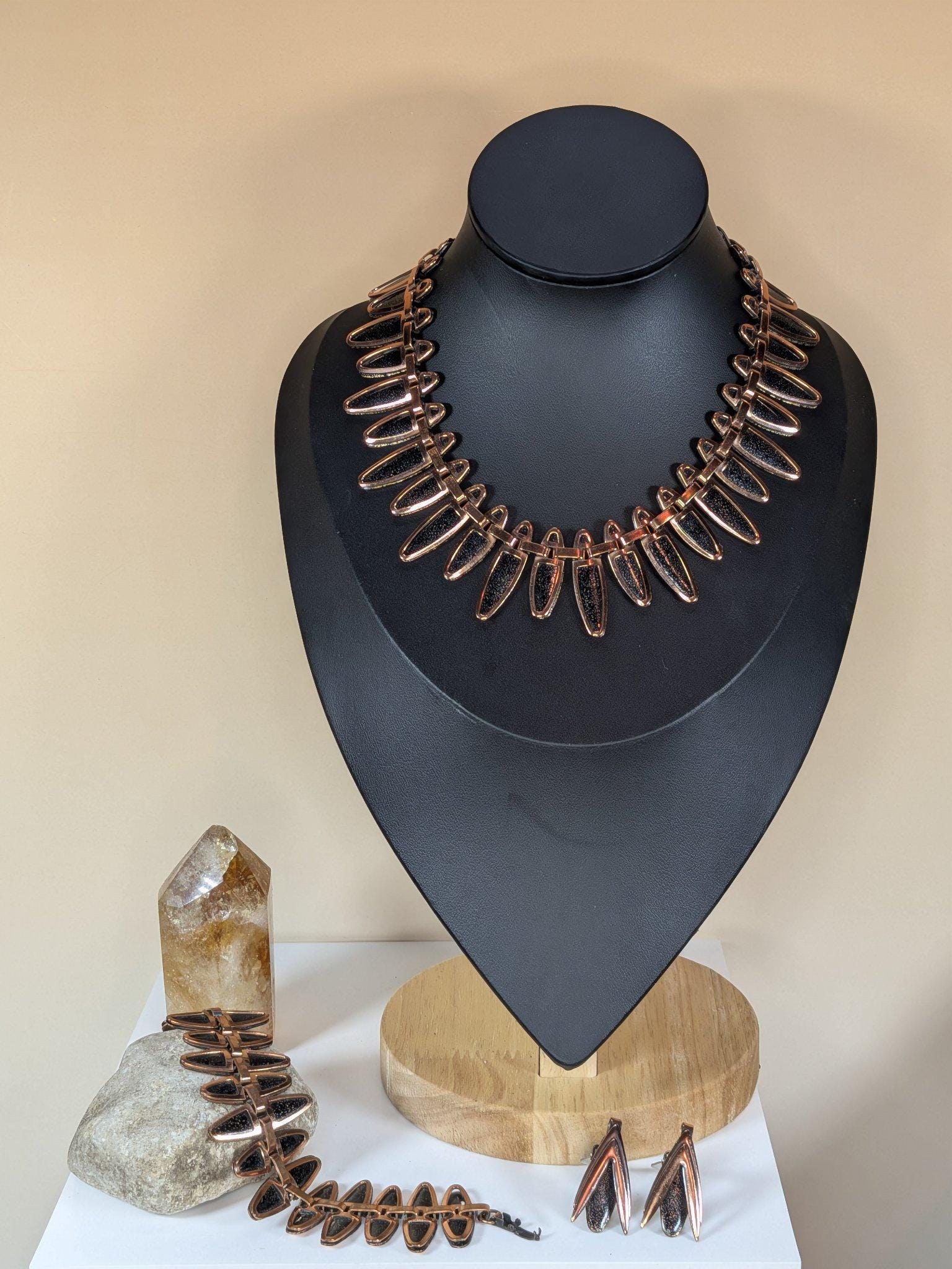 Vintage Matisse black speckle enamel fringe necklace, bracelet and earrings, copper, 1950s view 12