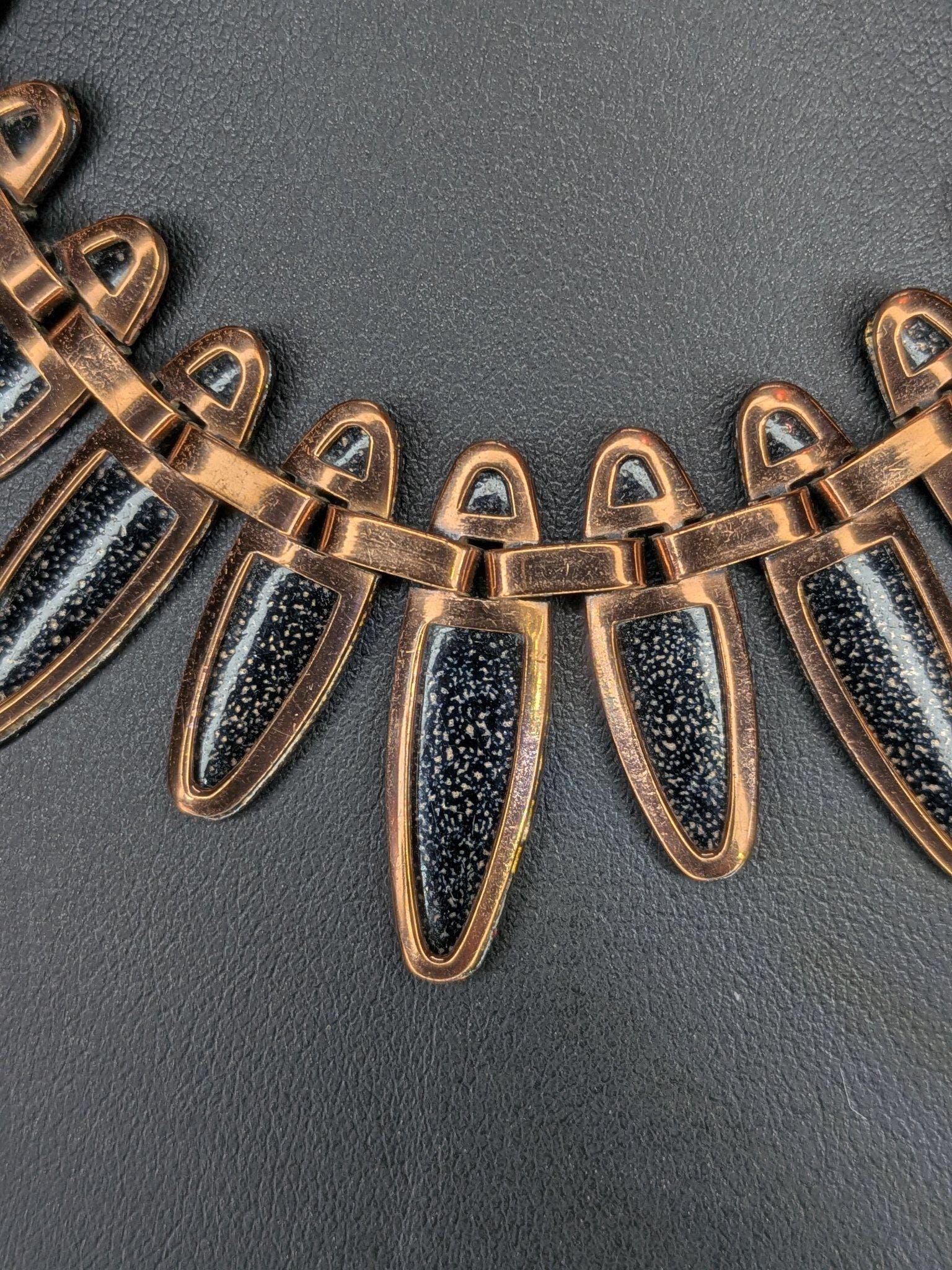 Vintage Matisse black speckle enamel fringe necklace, bracelet and earrings, copper, 1950s view 3