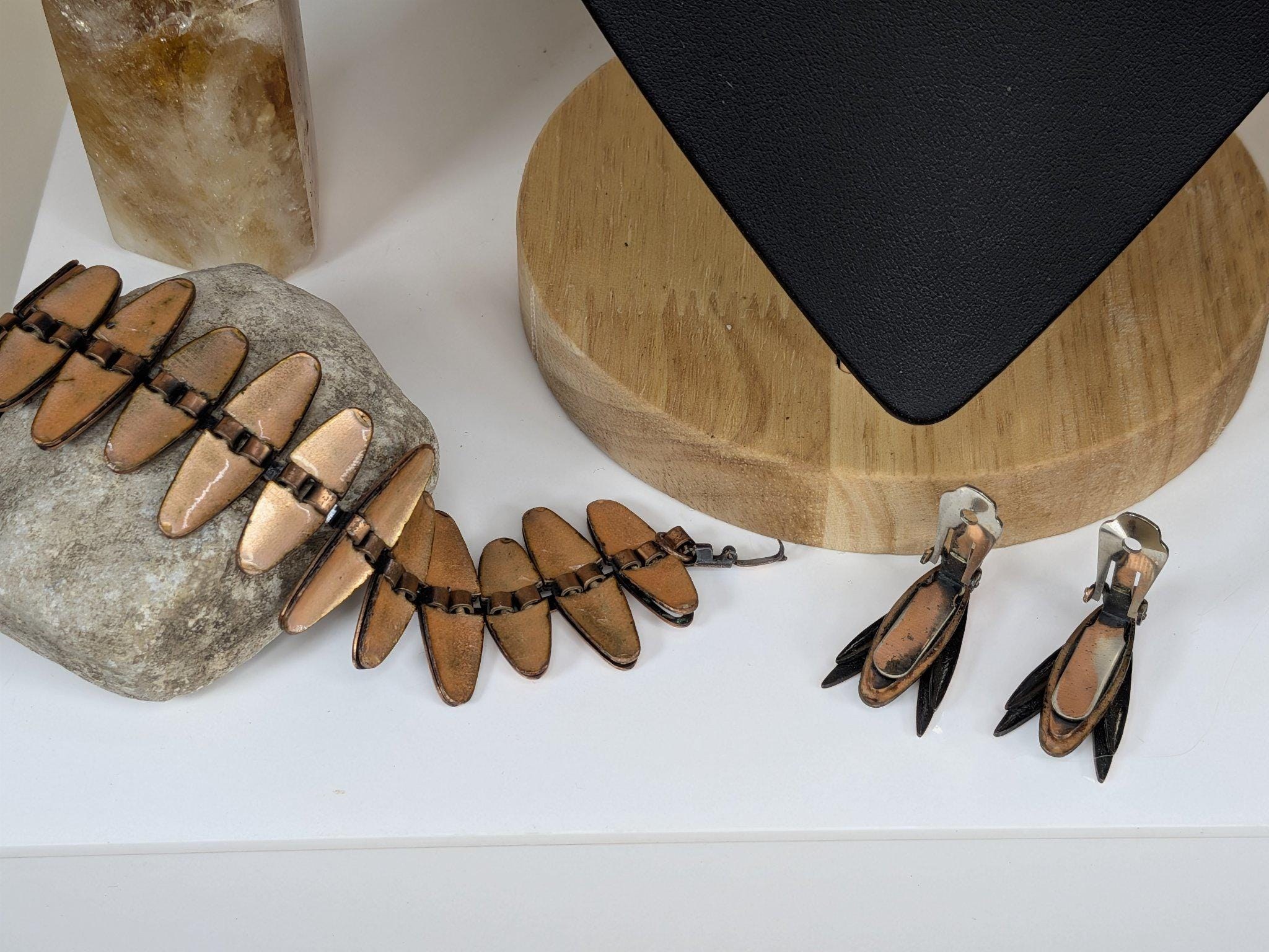 Vintage Matisse black speckle enamel fringe necklace, bracelet and earrings, copper, 1950s view 9