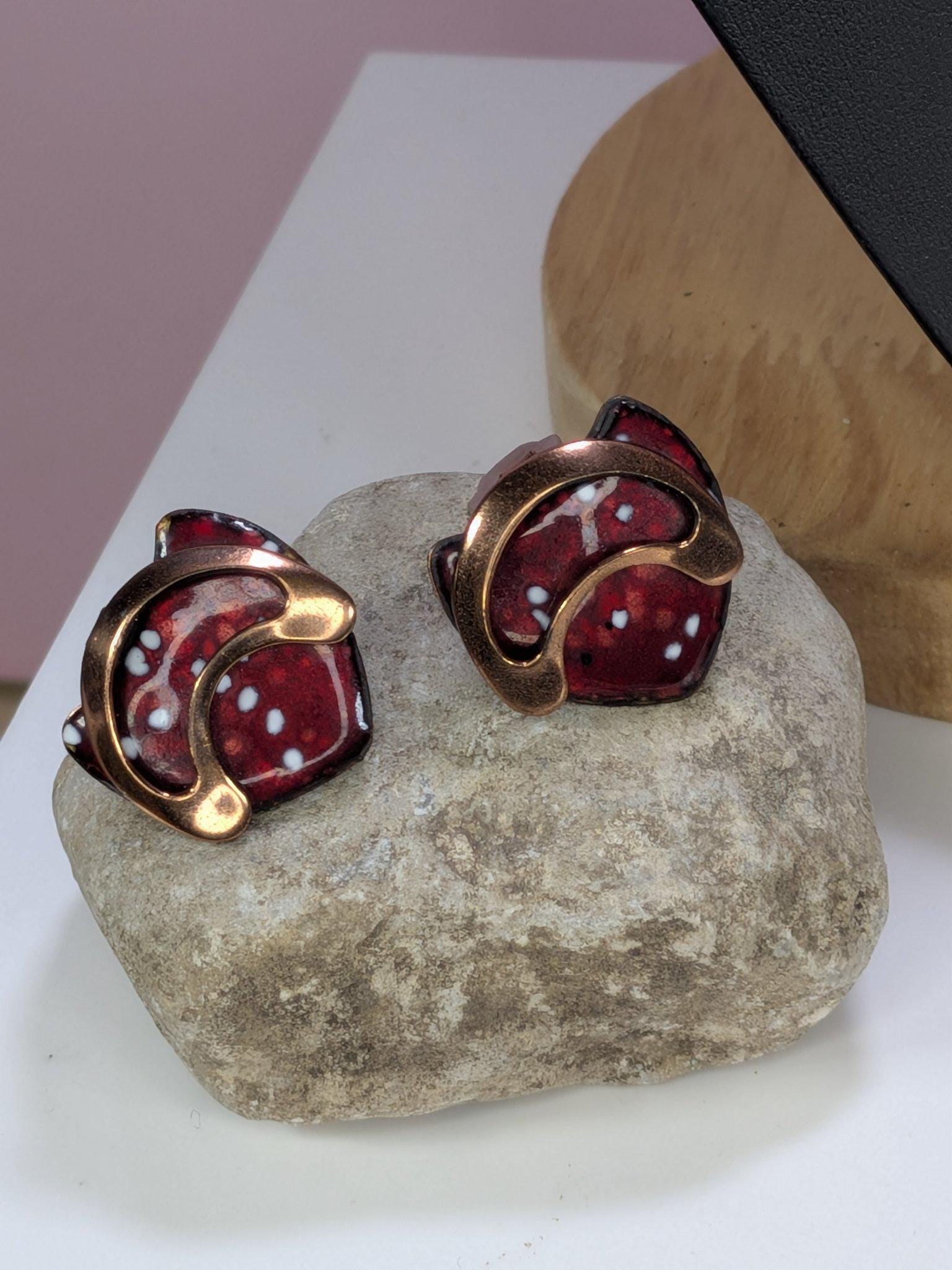 Signed Vintage Matisse Red Enamel Crescent Necklace and Clip Earring Set 1950s view 2