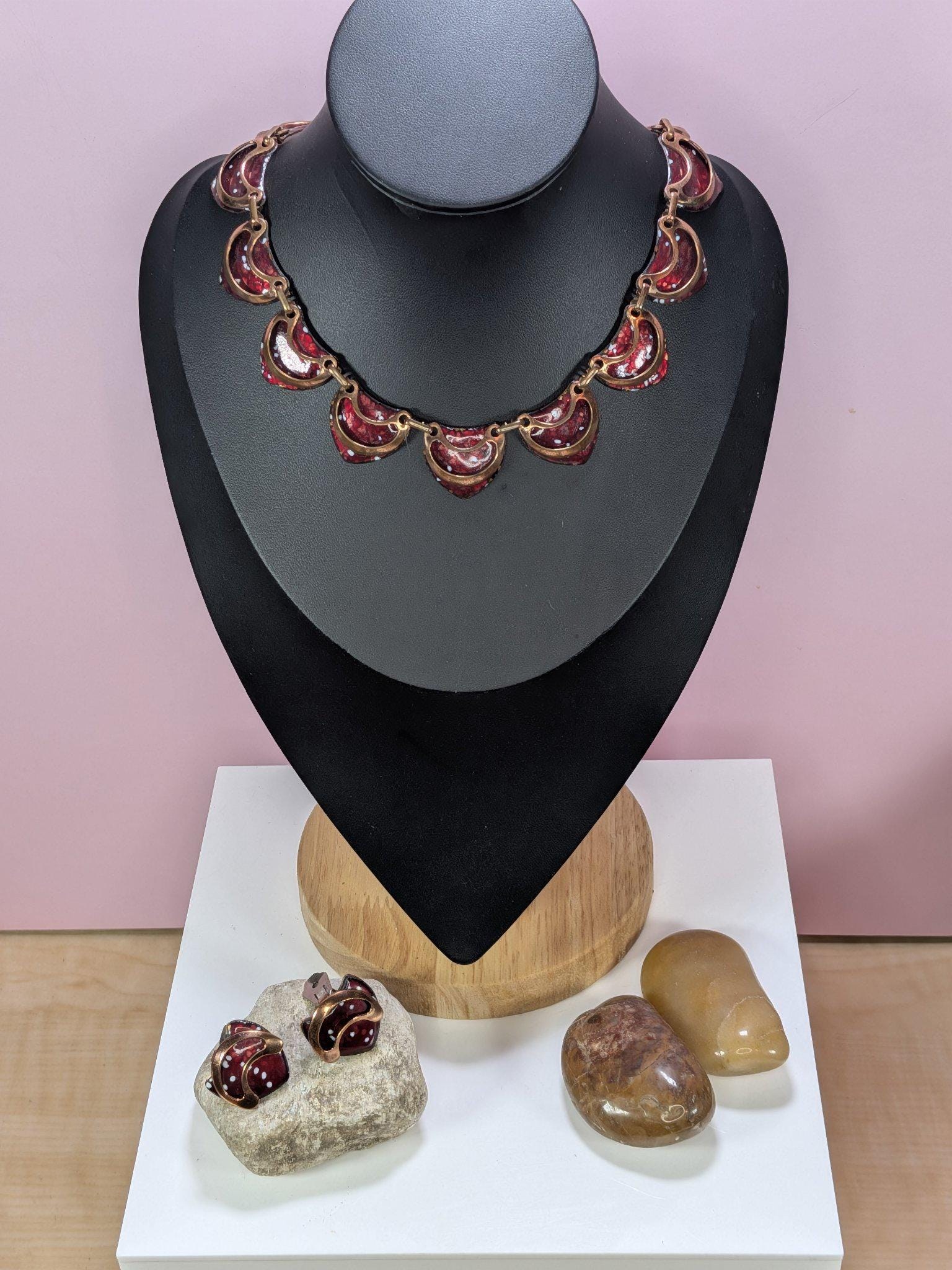 Signed Vintage Matisse Red Enamel Crescent Necklace and Clip Earring Set 1950s view 6