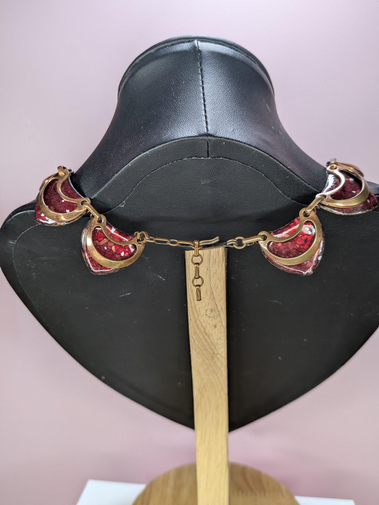 Signed Vintage Matisse Red Enamel Crescent Necklace and Clip Earring Set 1950s view 7