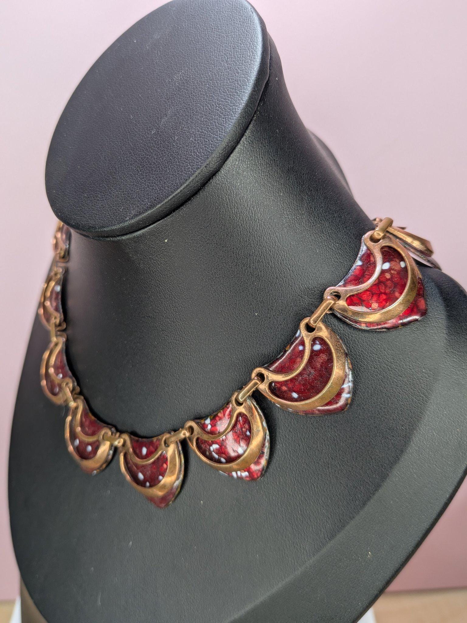 Signed Vintage Matisse Red Enamel Crescent Necklace and Clip Earring Set 1950s view 8