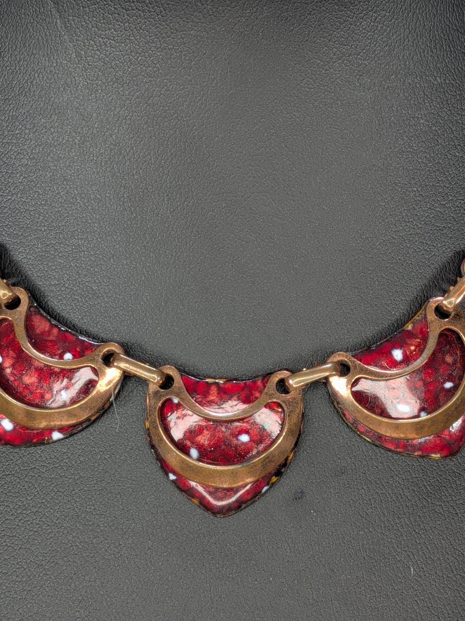 Signed Vintage Matisse Red Enamel Crescent Necklace and Clip Earring Set 1950s view 9