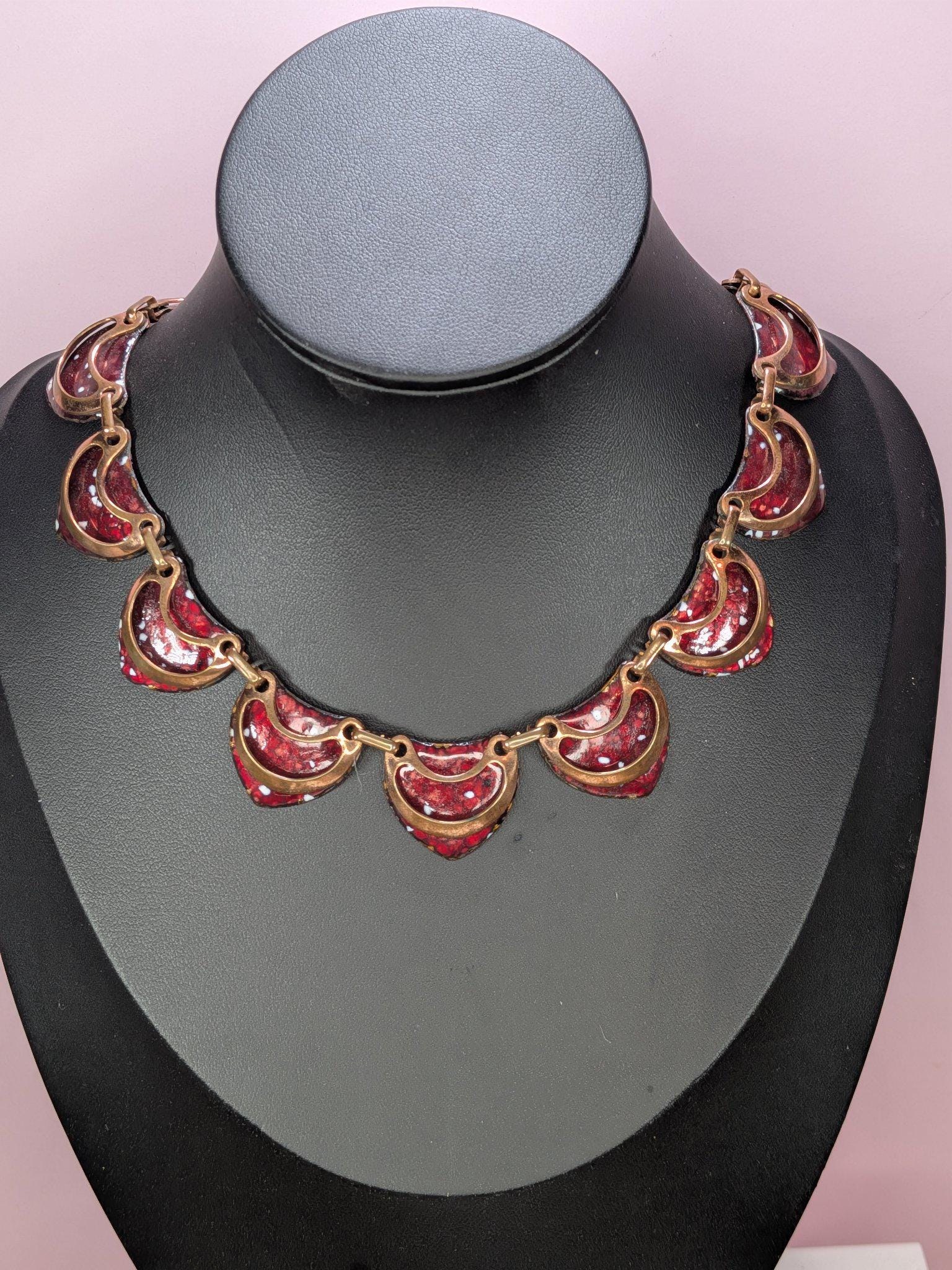 Signed Vintage Matisse Red Enamel Crescent Necklace and Clip Earring Set 1950s view 10