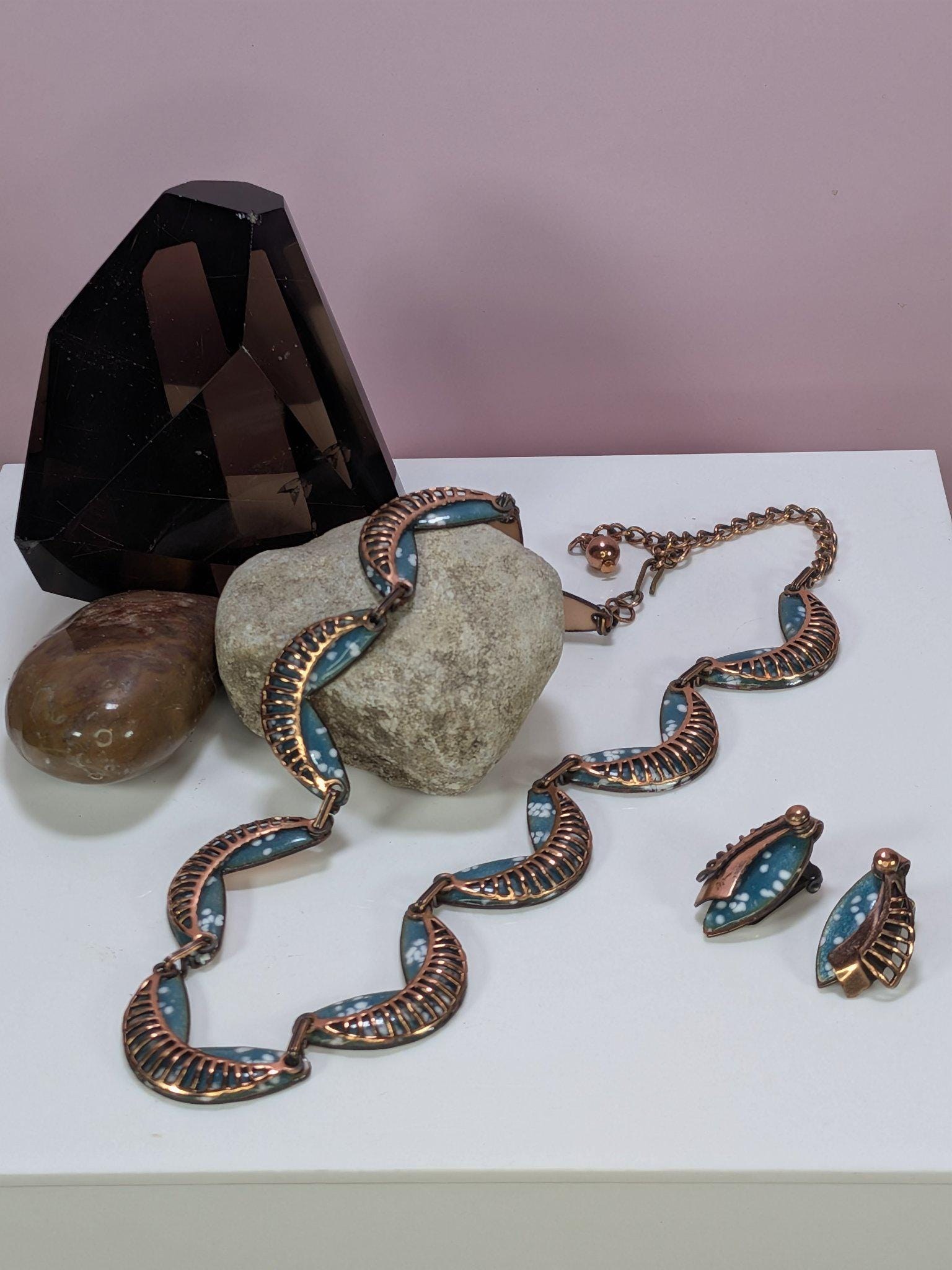 Signed Vintage Matisse Blue Enamel Leaf Necklace and Clip Earring Set 1950s