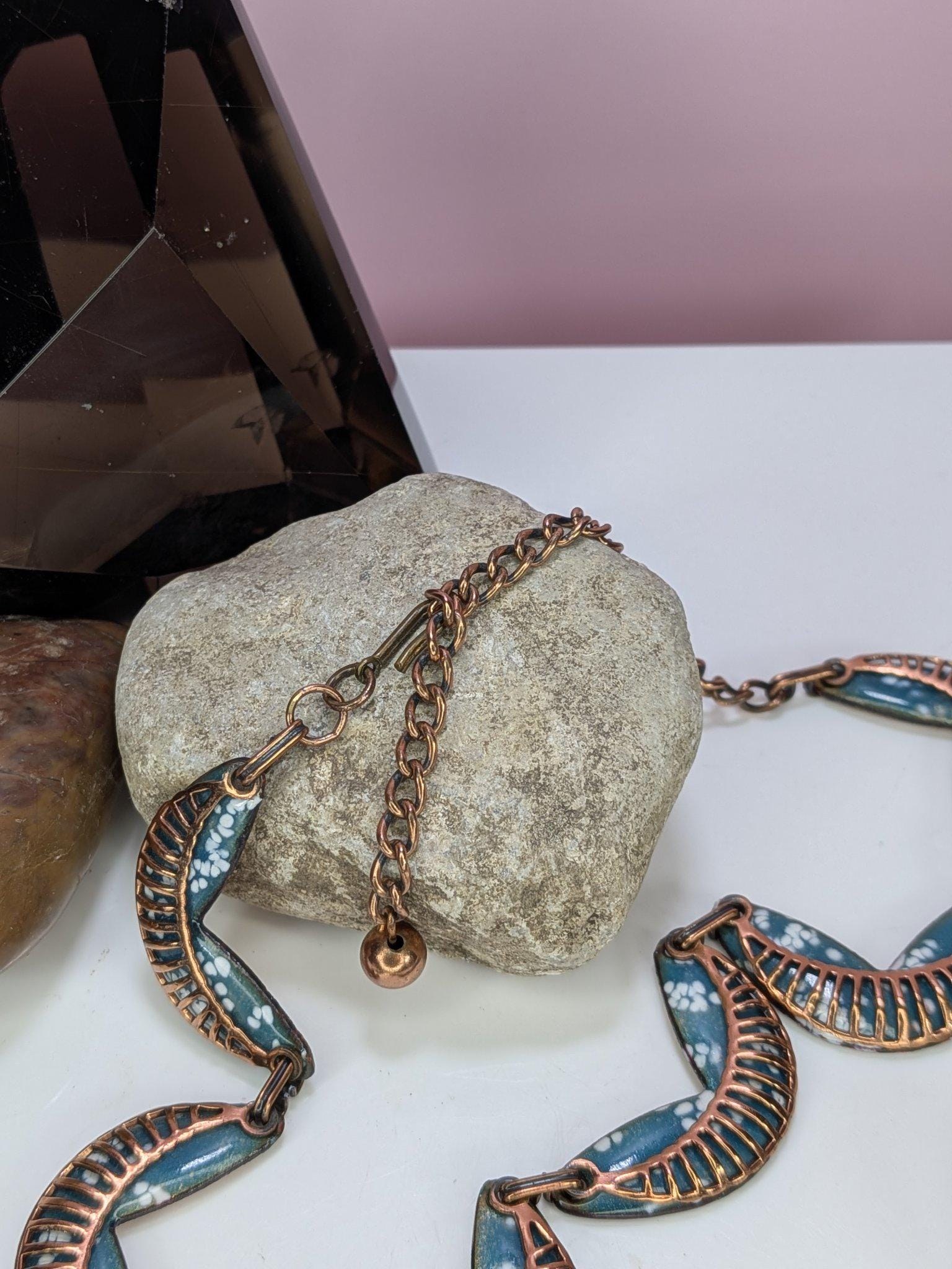 Signed Vintage Matisse Blue Enamel Leaf Necklace and Clip Earring Set 1950s view 3