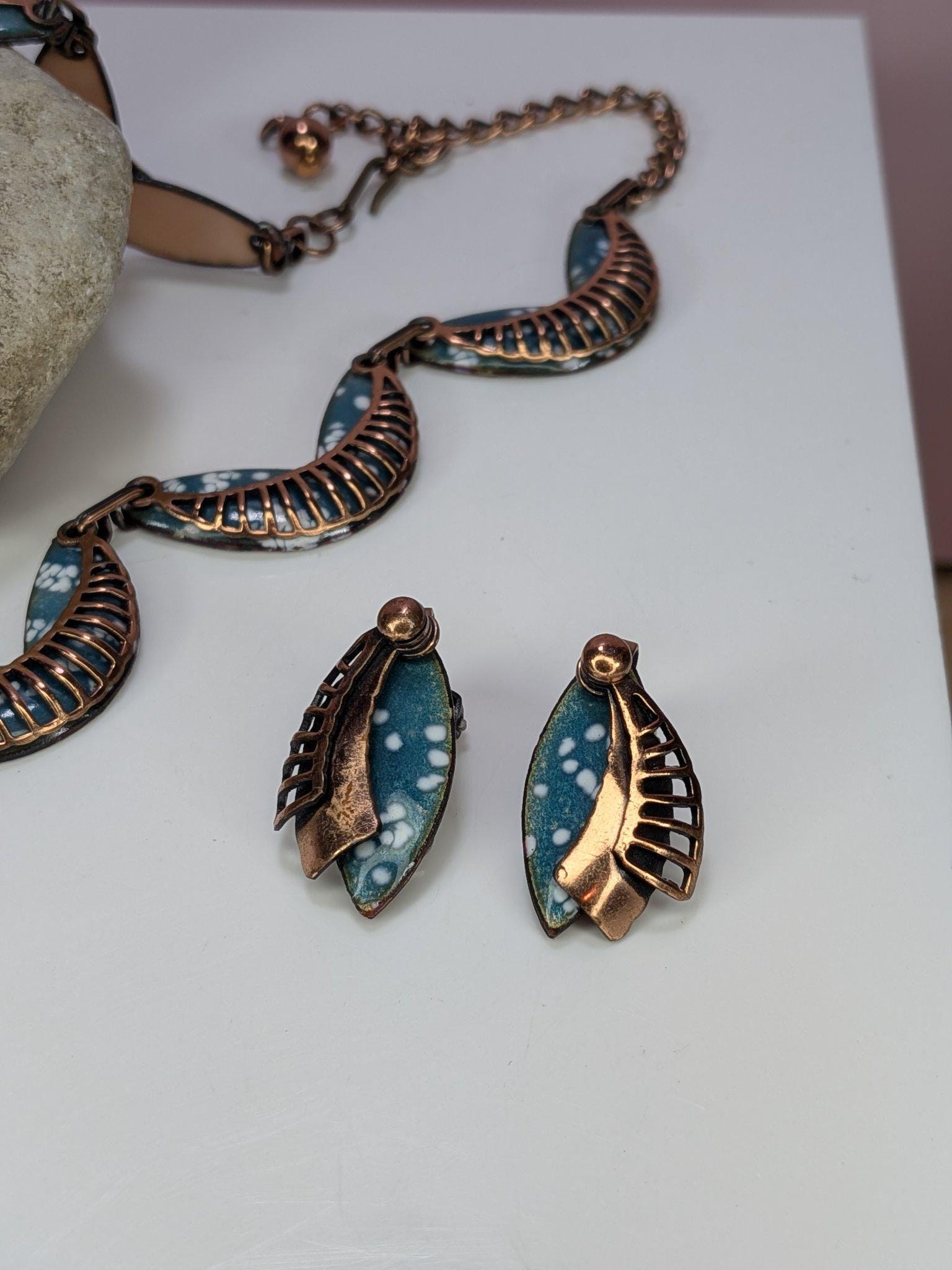 Signed Vintage Matisse Blue Enamel Leaf Necklace and Clip Earring Set 1950s view 4