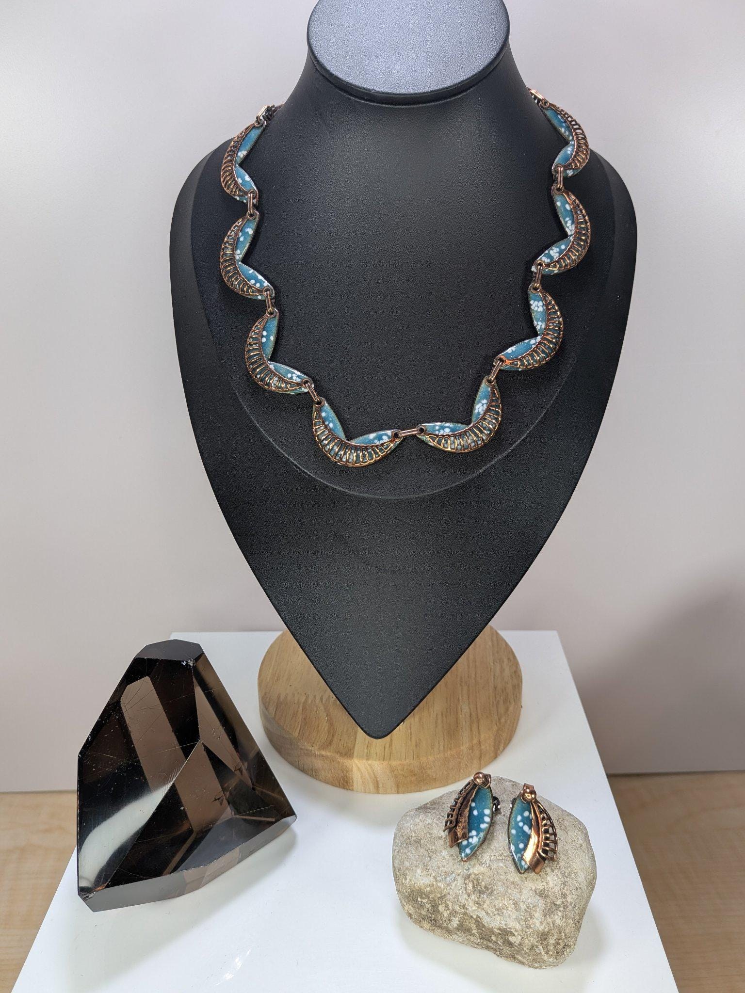 Signed Vintage Matisse Blue Enamel Leaf Necklace and Clip Earring Set 1950s view 7