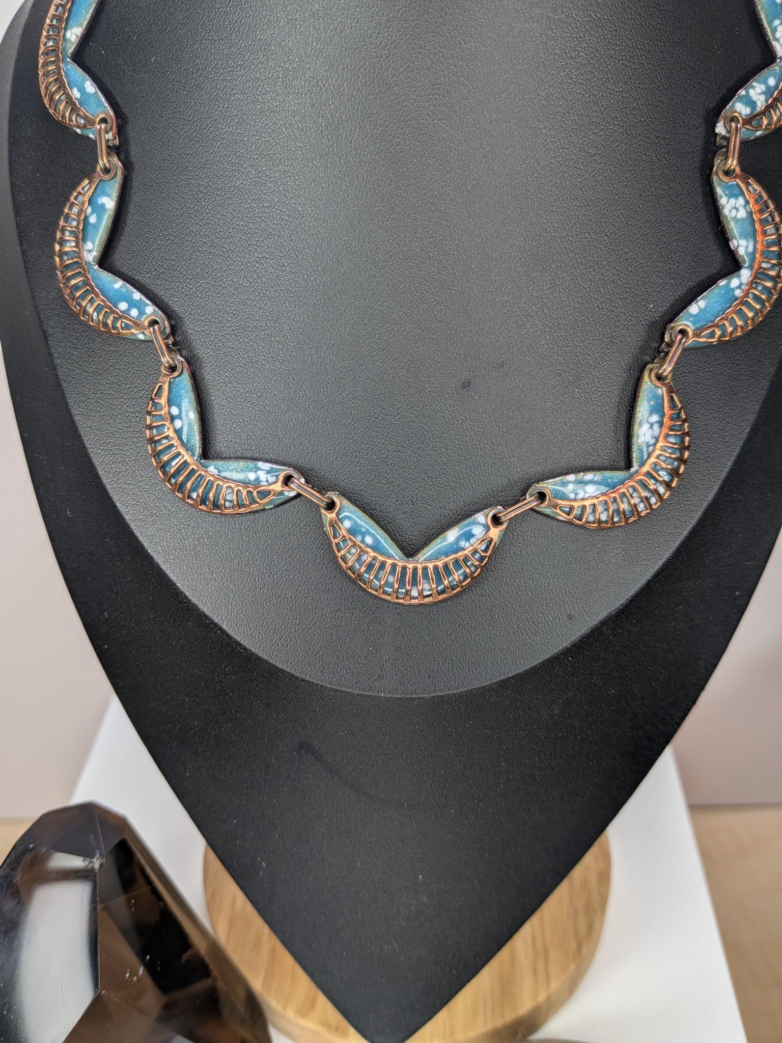 Signed Vintage Matisse Blue Enamel Leaf Necklace and Clip Earring Set 1950s view 8