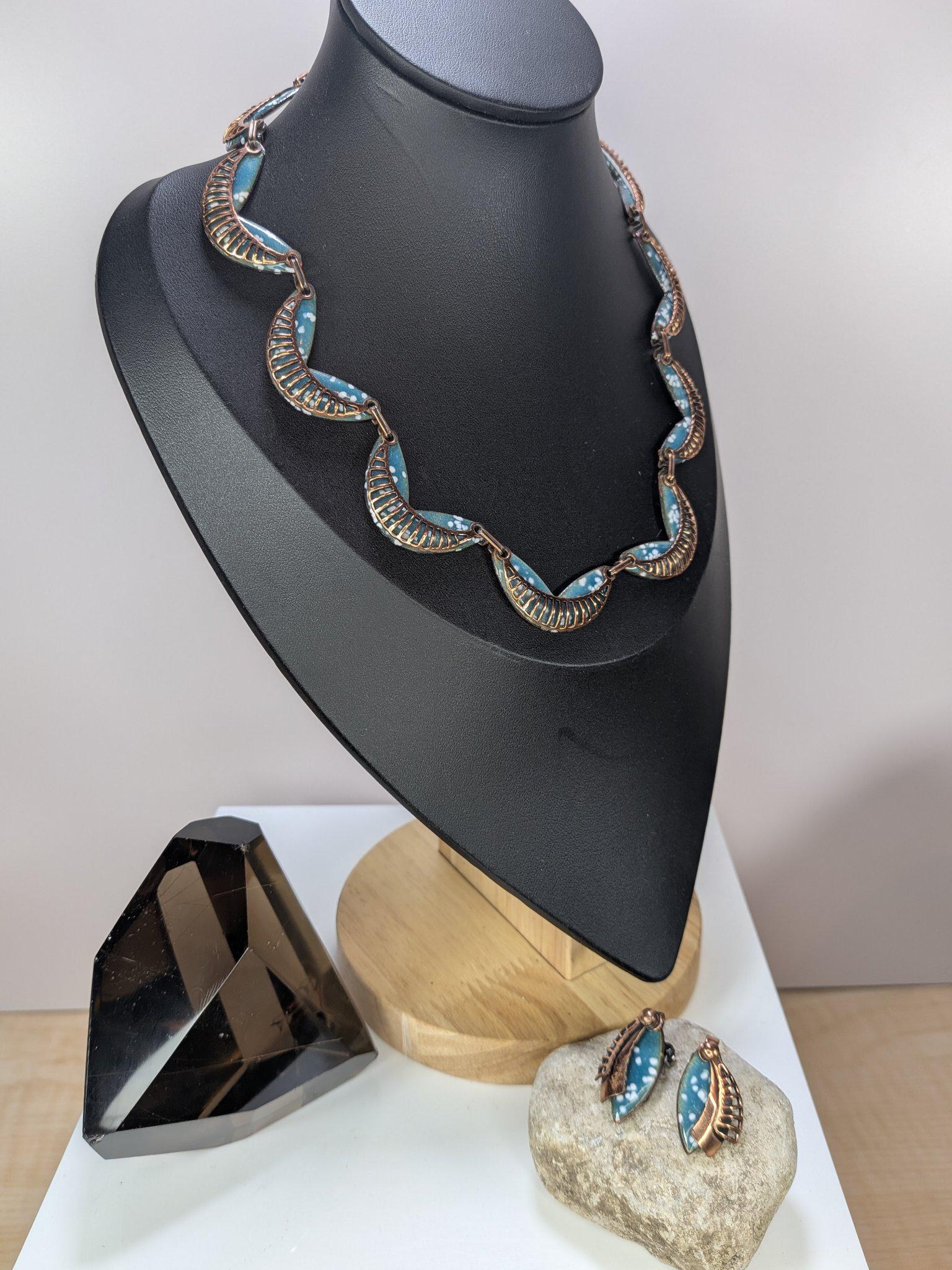 Signed Vintage Matisse Blue Enamel Leaf Necklace and Clip Earring Set 1950s view 9