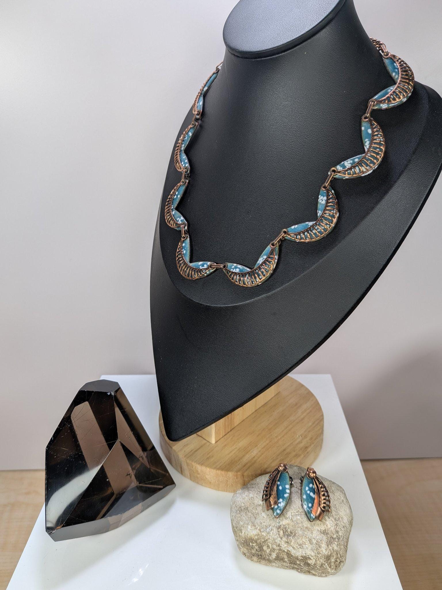 Signed Vintage Matisse Blue Enamel Leaf Necklace and Clip Earring Set 1950s view 10