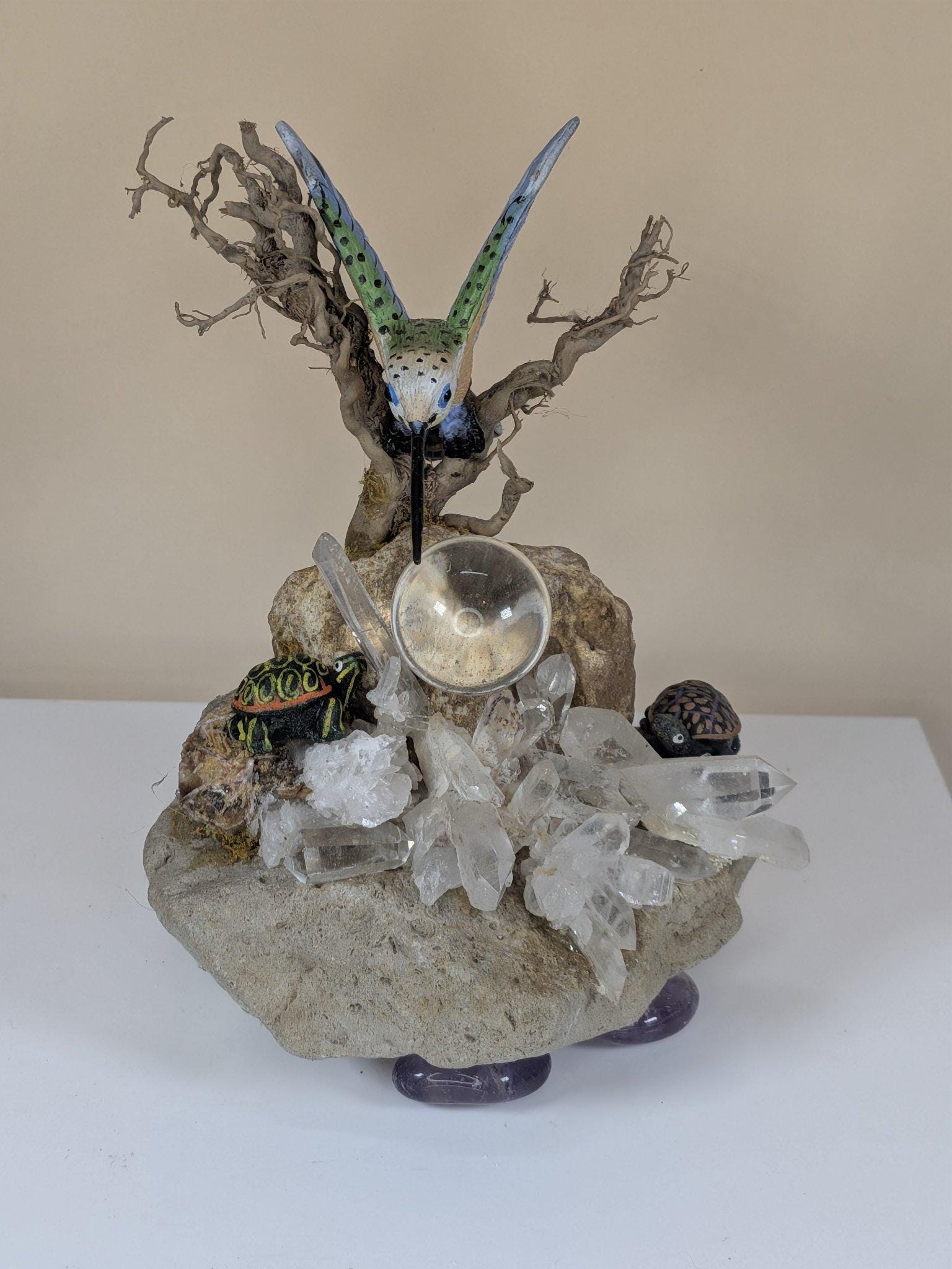 Vintage Handmade Crystal Garden Sculpture with Hummingbird Quartz Cluster Amethyst One of a Kind