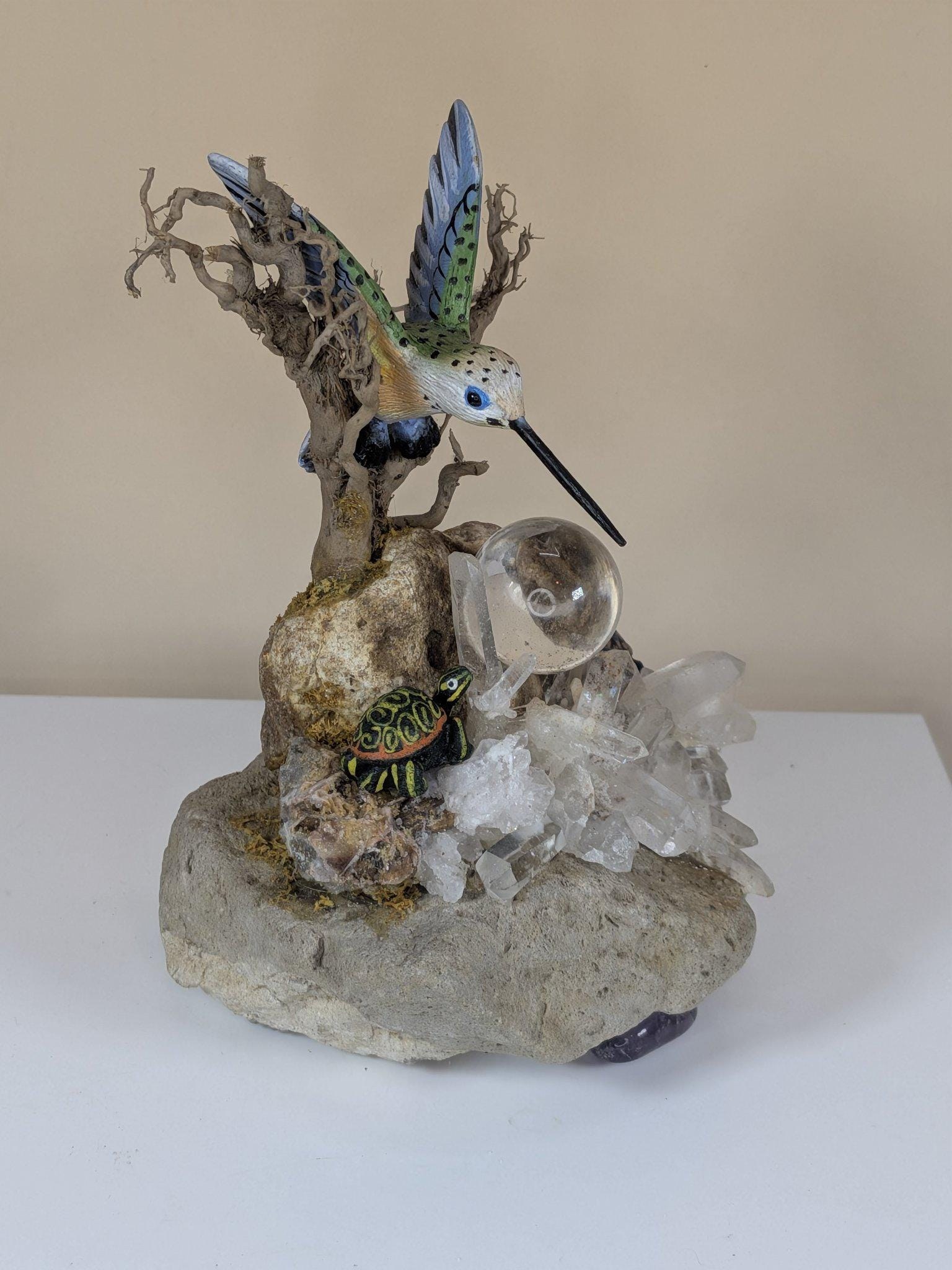 Vintage Handmade Crystal Garden Sculpture with Hummingbird Quartz Cluster Amethyst One of a Kind view 2