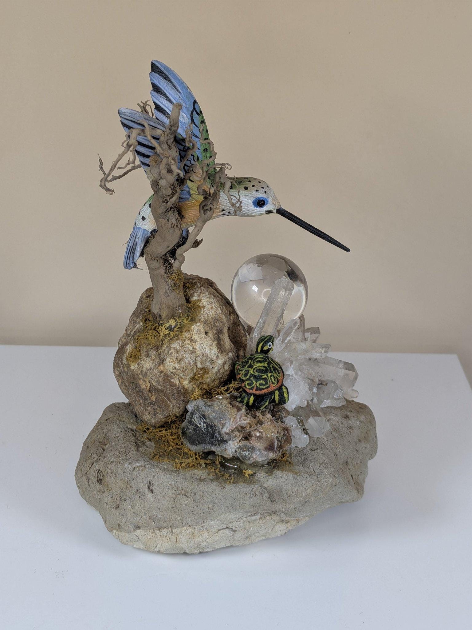 Vintage Handmade Crystal Garden Sculpture with Hummingbird Quartz Cluster Amethyst One of a Kind view 3