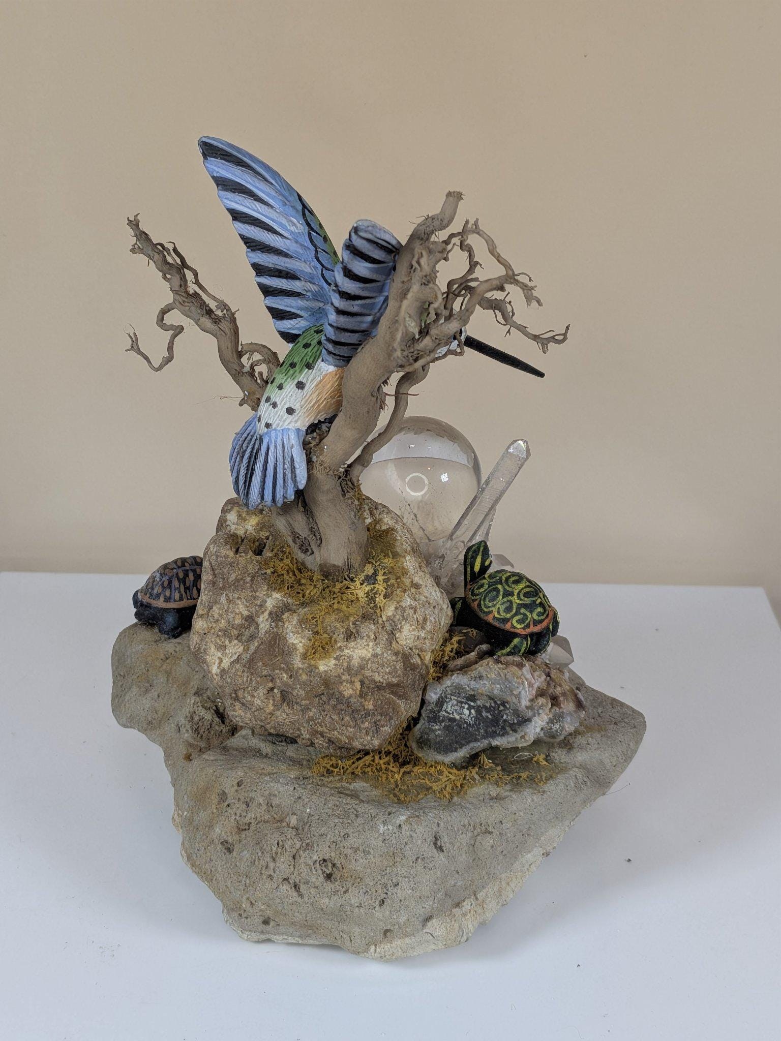 Vintage Handmade Crystal Garden Sculpture with Hummingbird Quartz Cluster Amethyst One of a Kind view 4