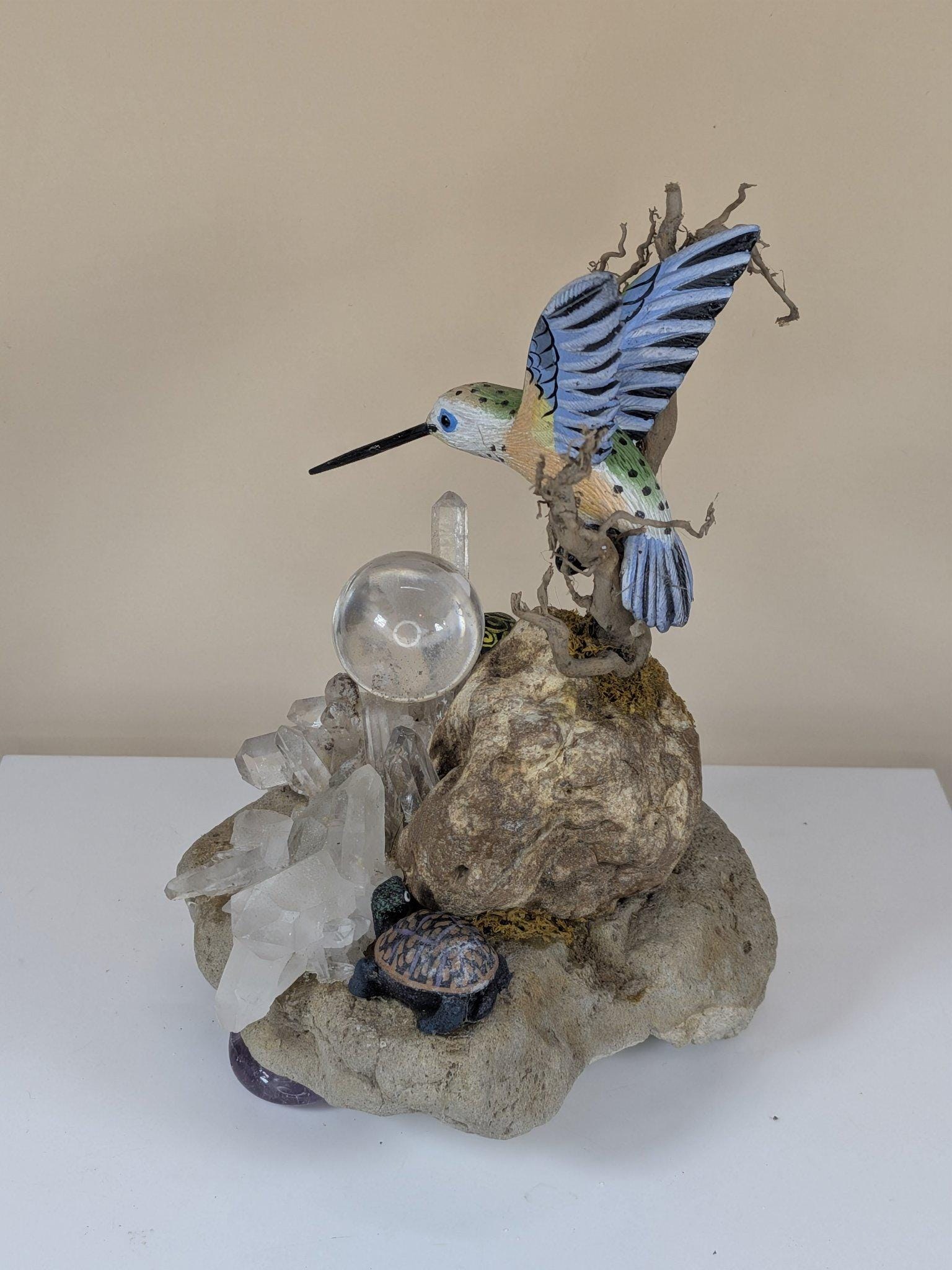 Vintage Handmade Crystal Garden Sculpture with Hummingbird Quartz Cluster Amethyst One of a Kind view 6